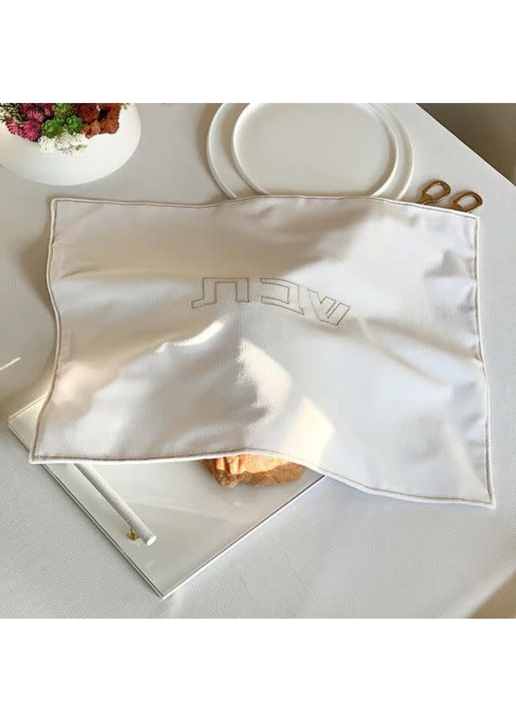 CHALLAH COVER WHITE CORDUROY SILVER  "SHABBAT" EMBROIDERY