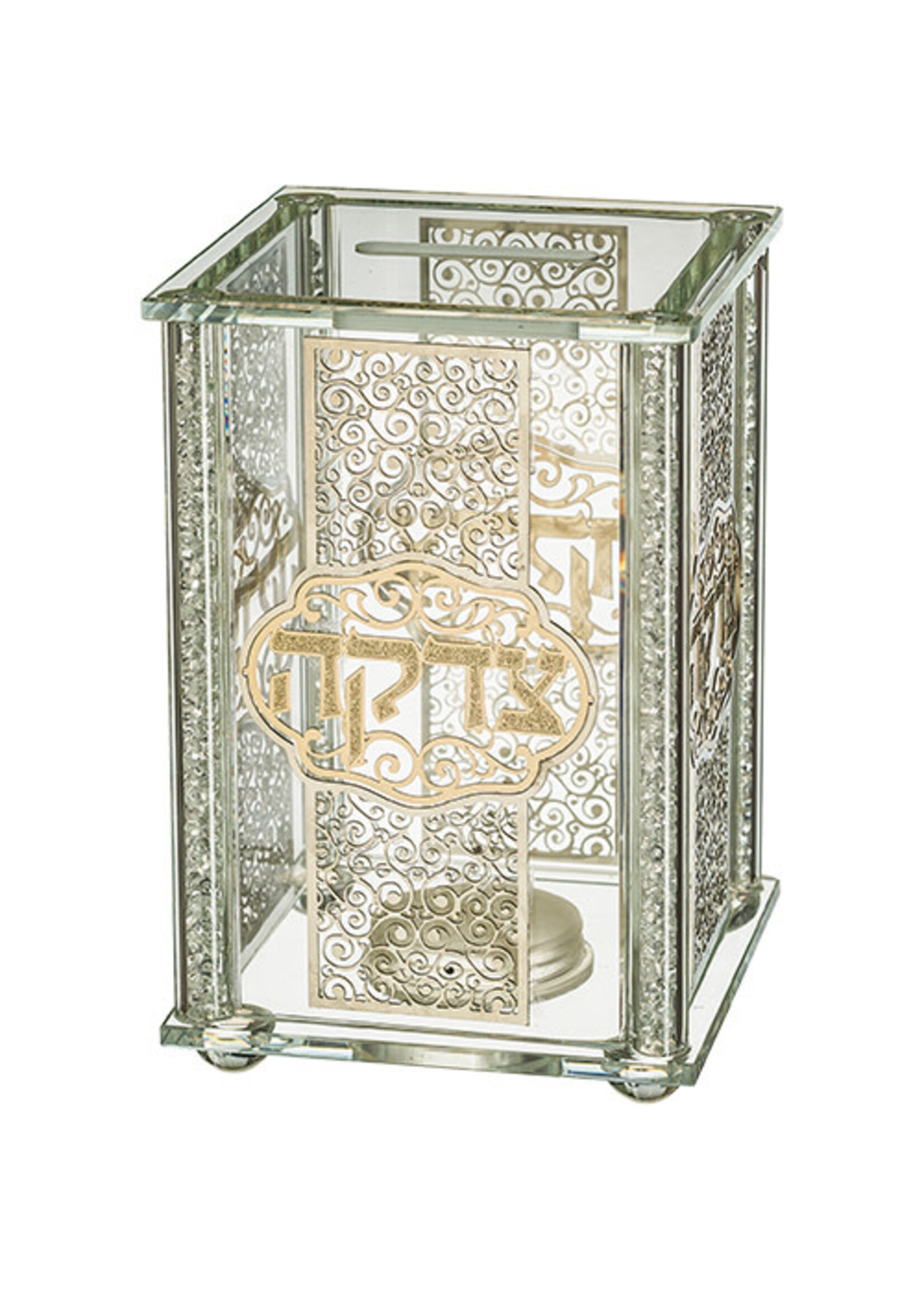 CHARITY BOX CRYSTAL LASER CUT SILVER FILIGREE & GOLD "TZEDAKAH"