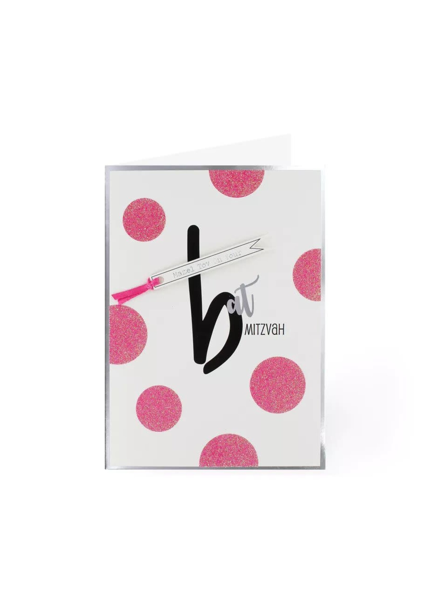 BAT MITZVAH CARD GLITTERY PINK POLKA DOTS