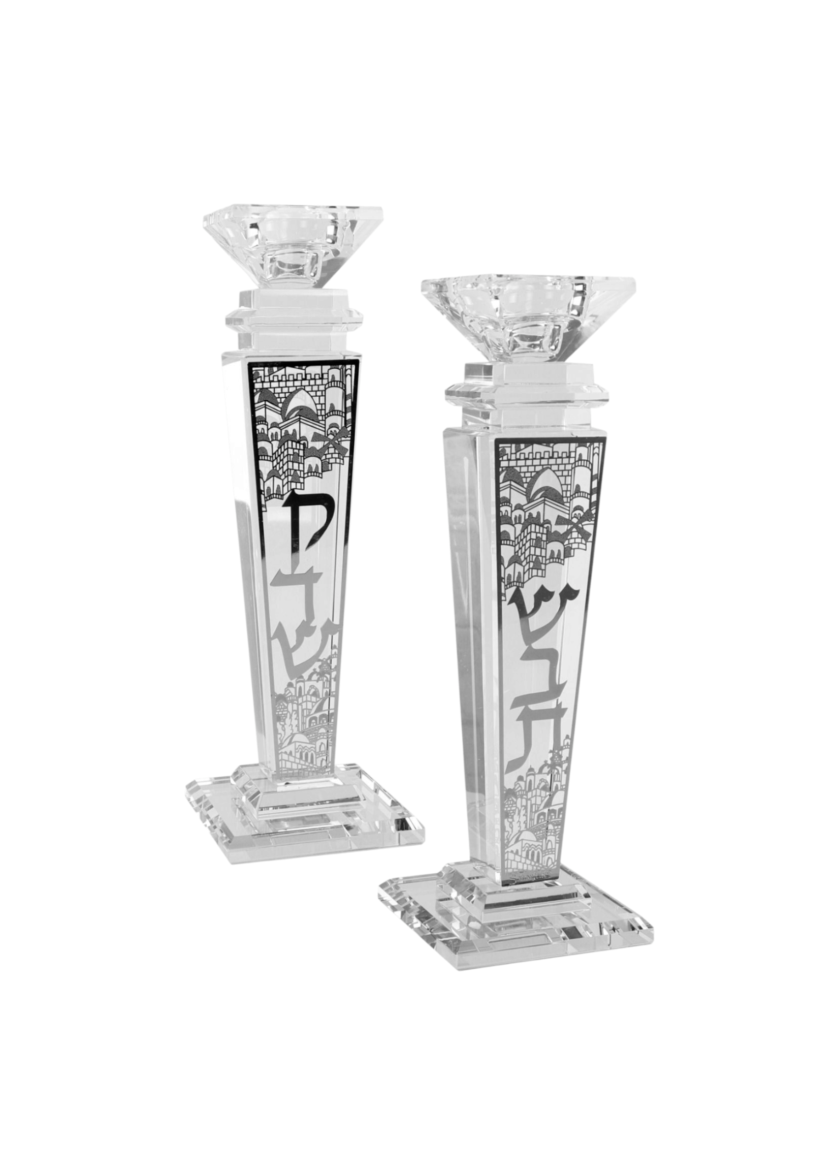 CANDLESTICKS CRYSTAL SILVER LASER CUT JERUSALEM  9"