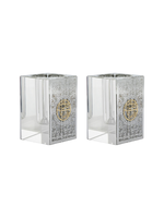 CANDLE HOLDERS CRYSTAL BLOCK & LASER CUT SILVER FILIGREE