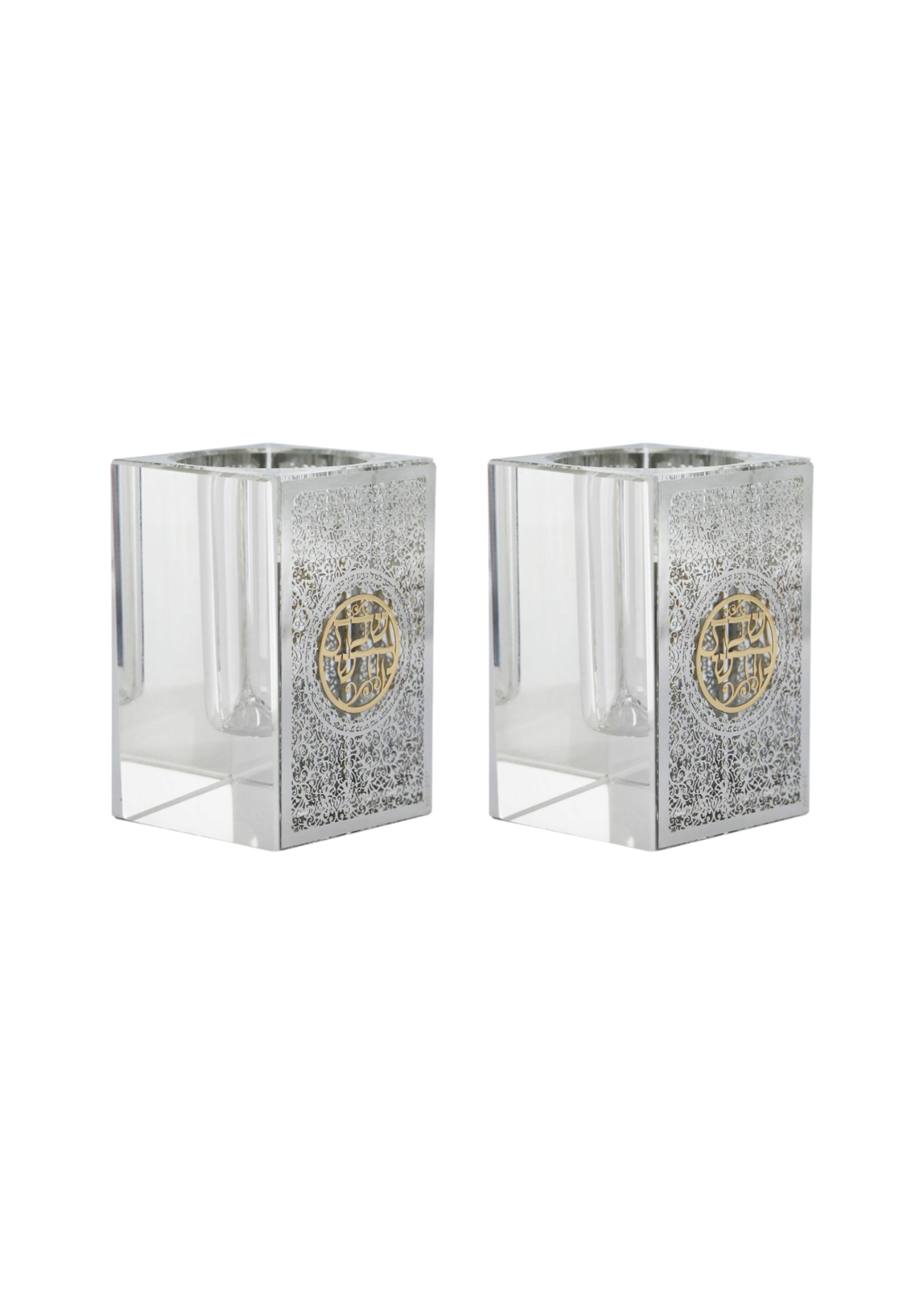 CANDLE HOLDERS CRYSTAL BLOCK & LASER CUT SILVER FILIGREE