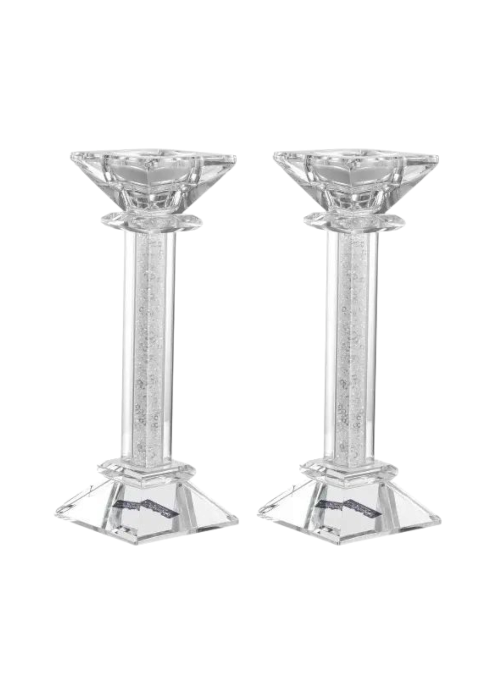 CANDLESTICKS CRYSTAL BLOCKS WITH CHIP FILLED STEM 7"