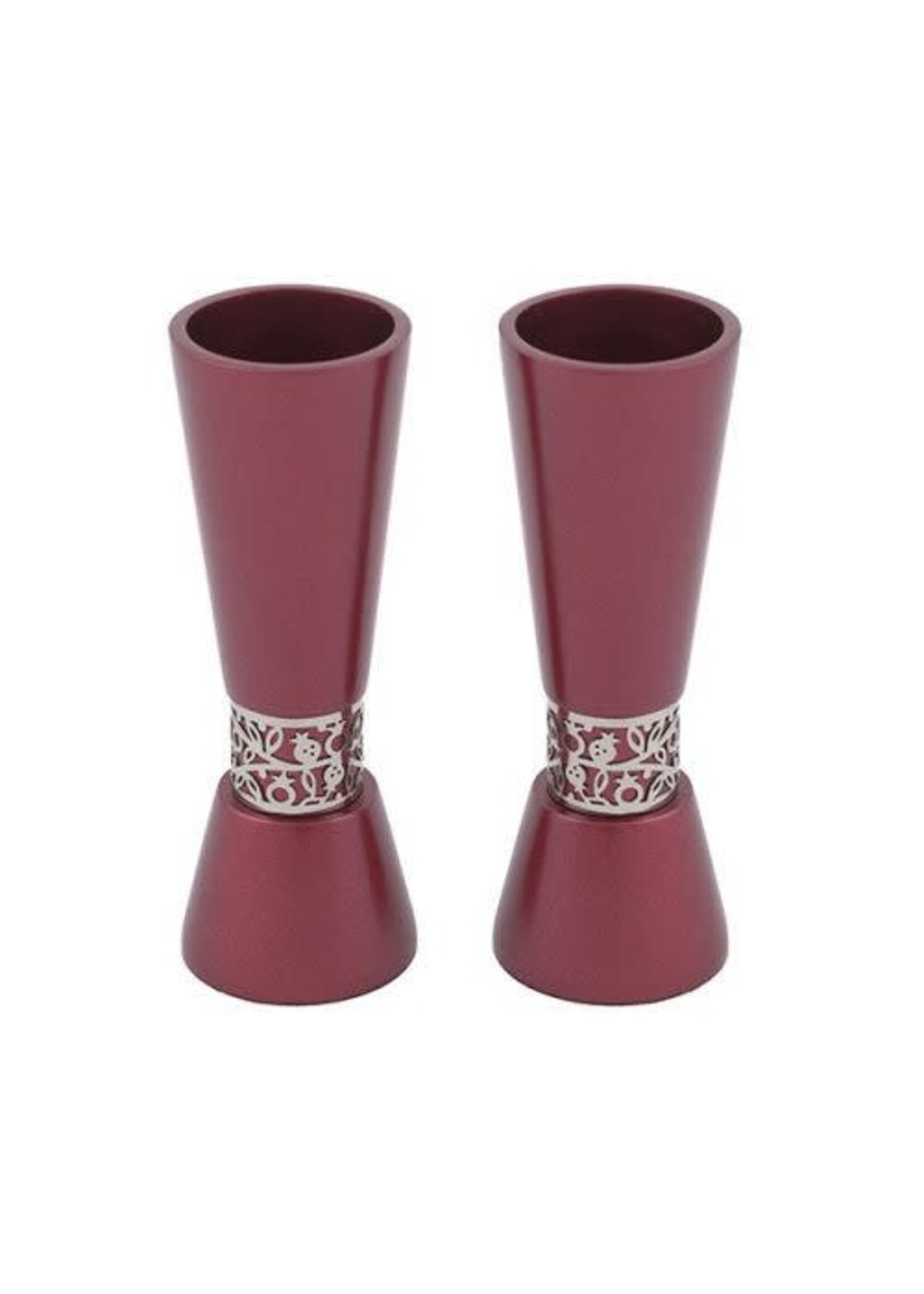 CANDLESTICKS  MAROON ALUMINUM LASER CUT POMEGRANATES INLAY