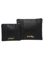 TALLIT & TEFILLIN BAG SET BLACK FAUX LEATHER GOLD EMBOSSED BLACK EMBROIDERED VINES