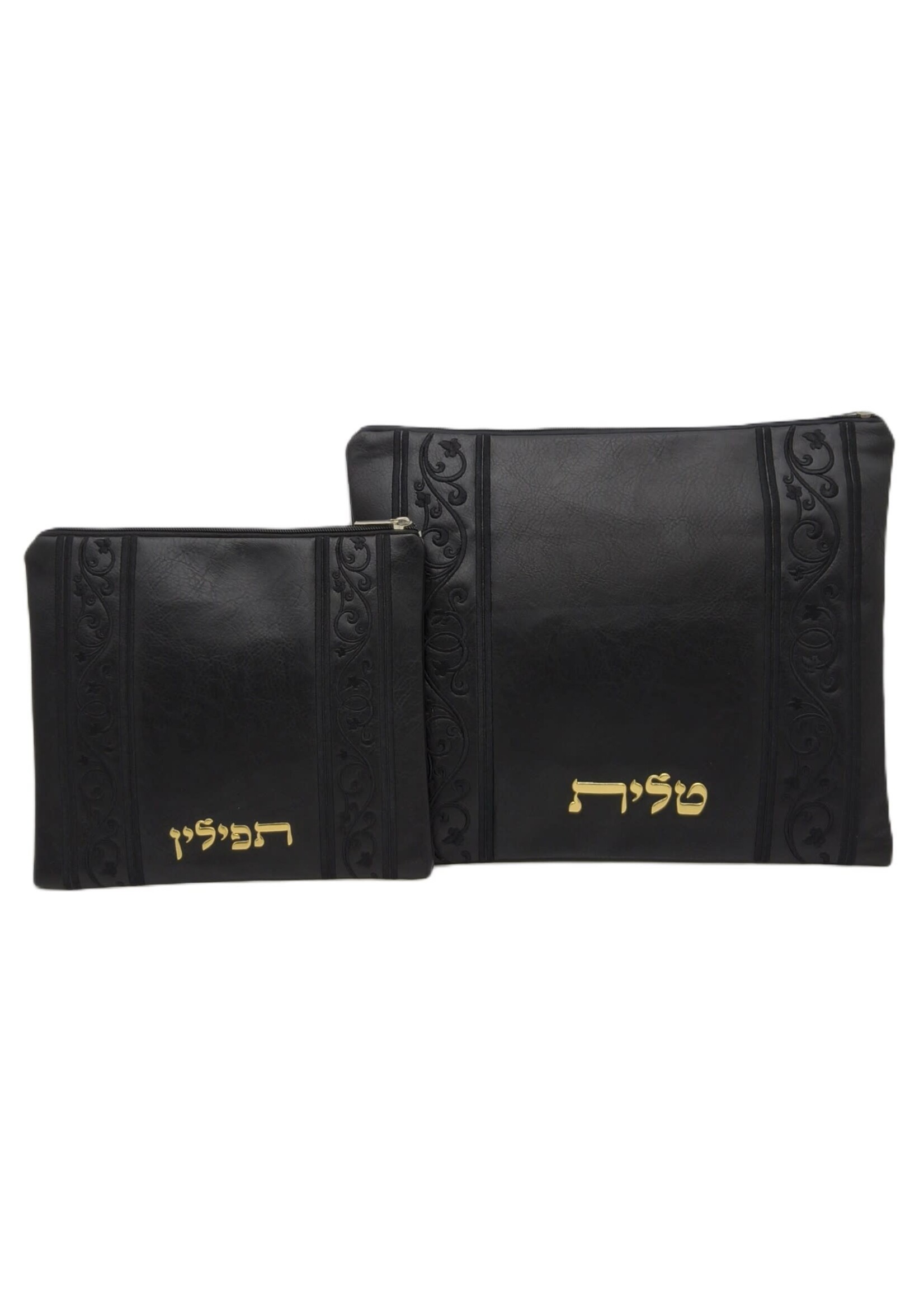 TALLIT & TEFILLIN BAG SET BLACK FAUX LEATHER GOLD EMBOSSED BLACK EMBROIDERED VINES