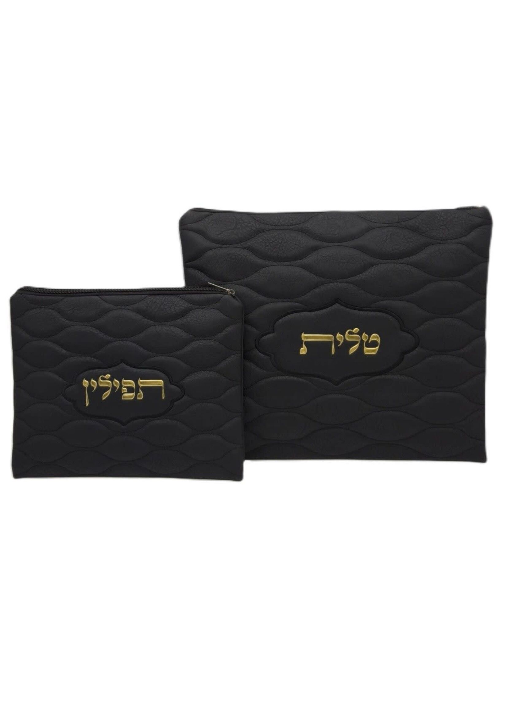 TALIT & TEFILLIN BAG SET BLACK FAUX LEATHER GOLD EMBOSSED LETTERS