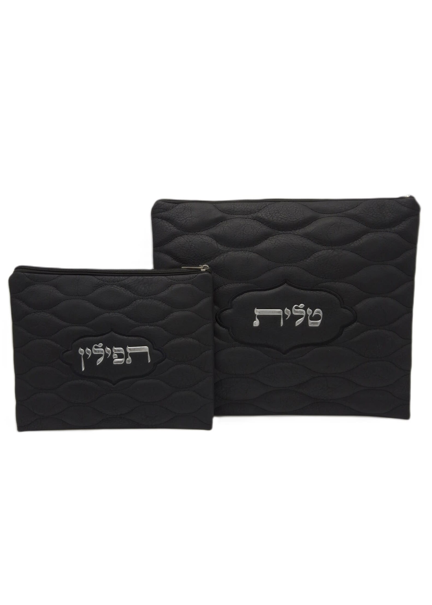 TALIT & TEFILLIN BAG SET BLACK FAUX LEATHER SILVER EMBOSSED LETTERS