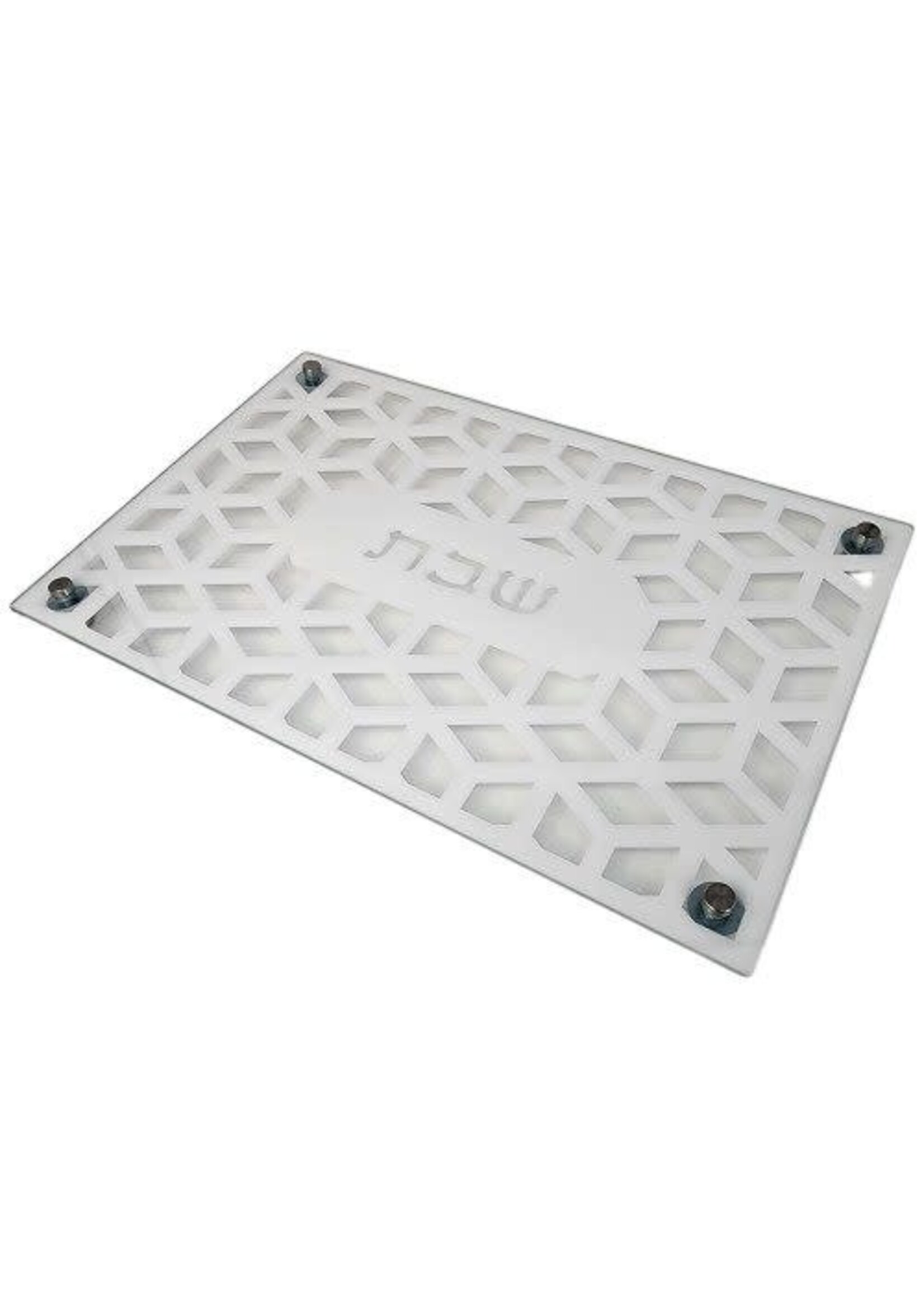 CHALLAH BOARD WHITE LASER CUT GEOMETRIC BLOCKS "SHABBAT"
