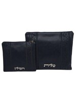 TALLIT & TEFILLIN BAG SET BLACK FAUX LEATHER SILVER EMBOSSED BLACK EMBROIDERED VINES