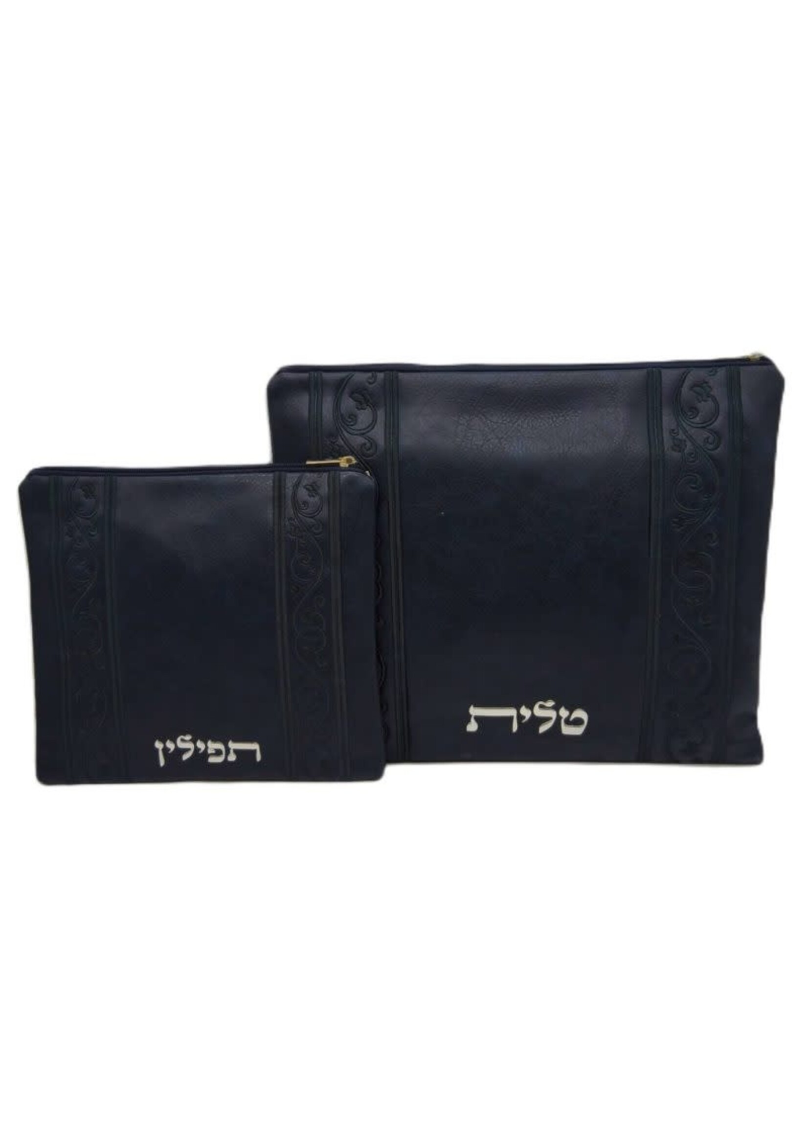 TALLIT & TEFILLIN BAG SET BLACK FAUX LEATHER SILVER EMBOSSED BLACK EMBROIDERED VINES