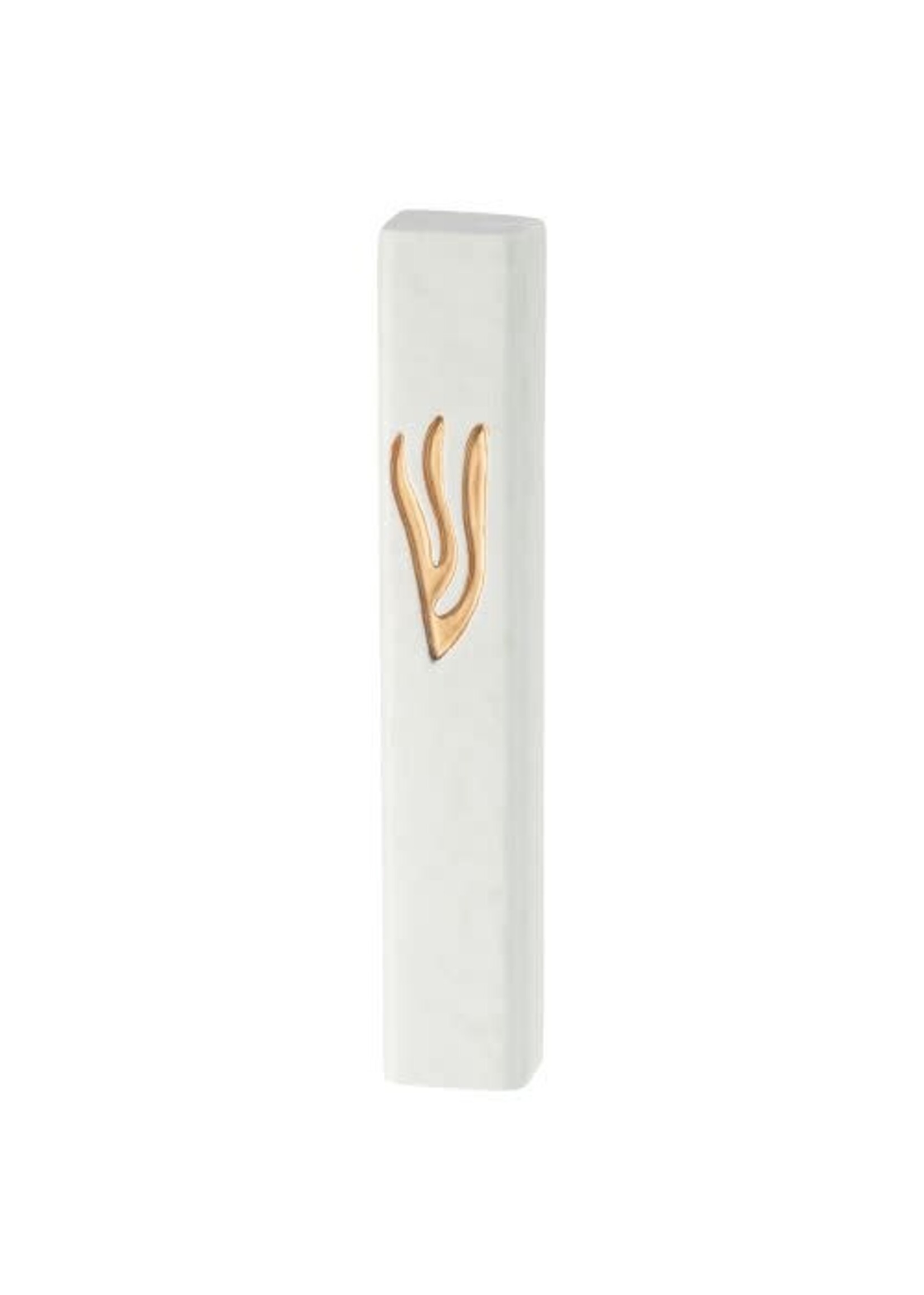 MEZUZAH WHITE POLYRESIN & GOLD SHIN 12CM