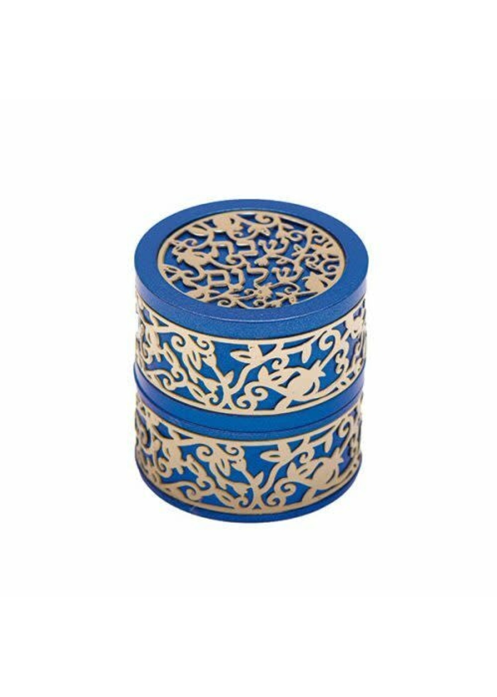 TRAVEL CANDLE HOLDER ALUMINUM W LACE BLUE