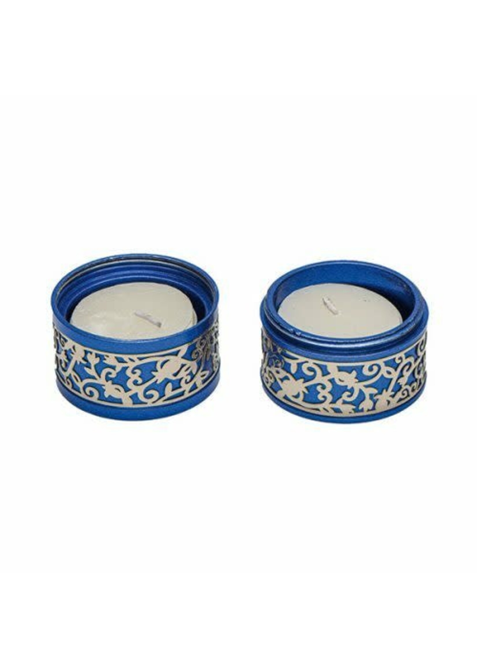 TRAVEL CANDLE HOLDER ALUMINUM W LACE BLUE