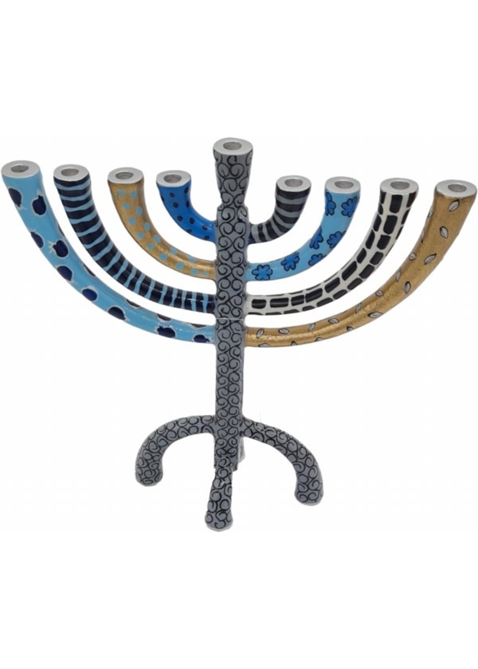 MENORAH METAL BLUE PAINTED PATTERNS SMALL 9"