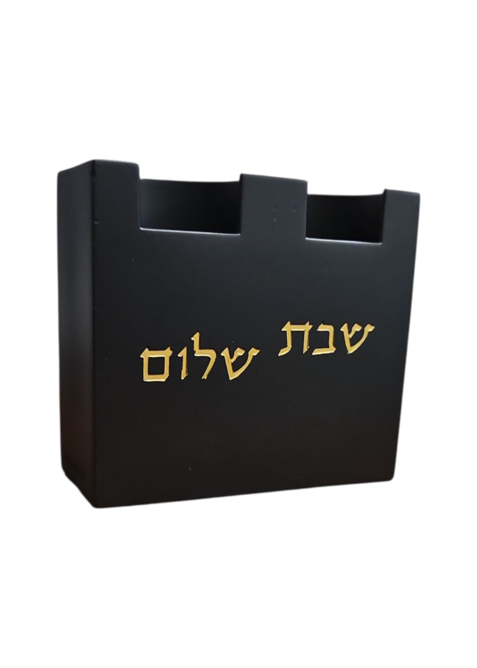 CANDLE HOLDER BLACK CEMENT GOLD "SHABBAT SHALOM"