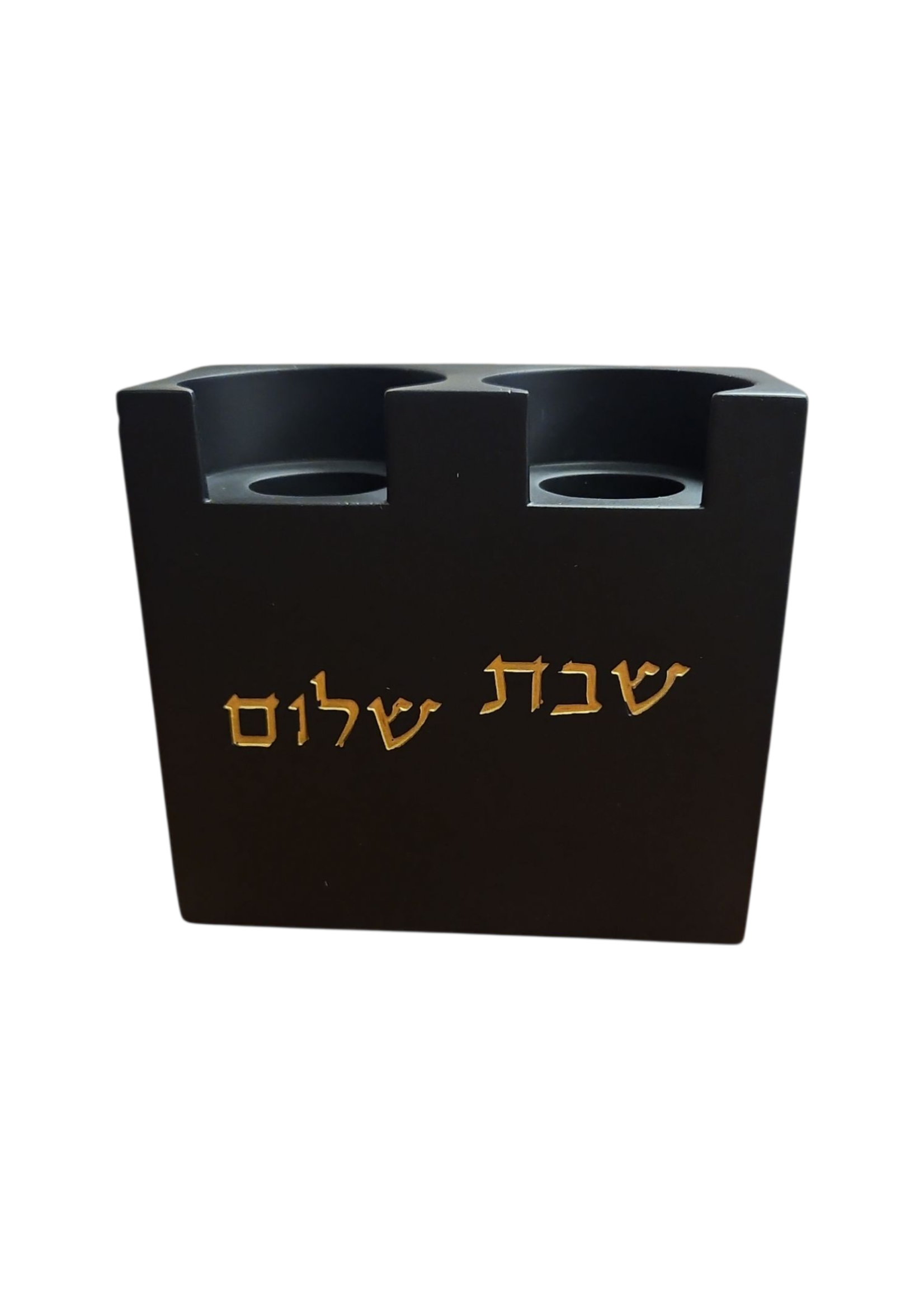 CANDLE HOLDER BLACK CEMENT GOLD "SHABBAT SHALOM"