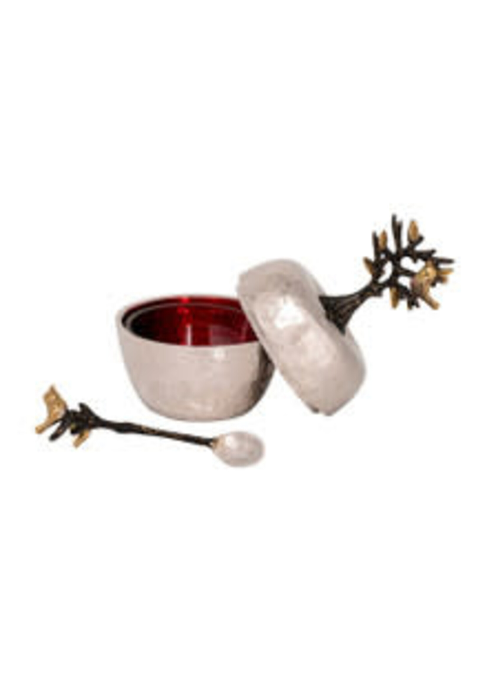 HONEY DISH HAMMERED BIRD IN TREE DESIGN RED ENAMEL INSIDE