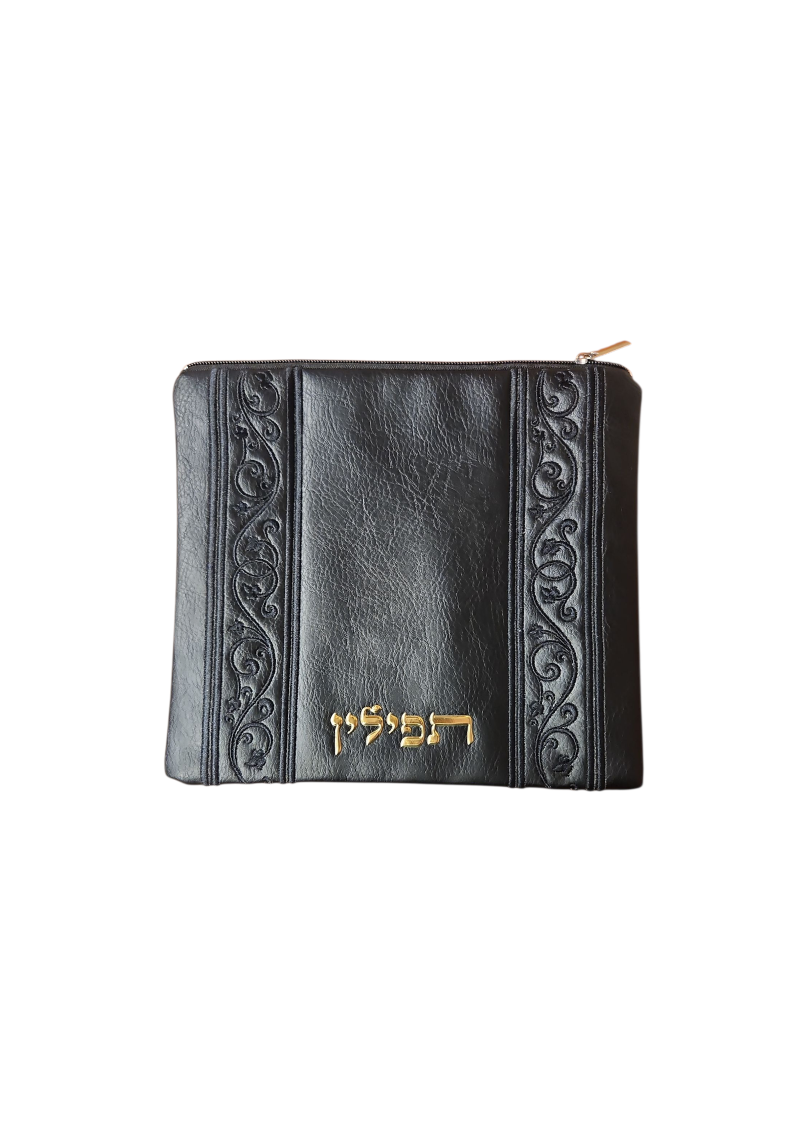 TEFILLIN BAG BLACK FAUX LEATHER  BLACK VINES EMBROIDERY GOLD "TEFILLIN"