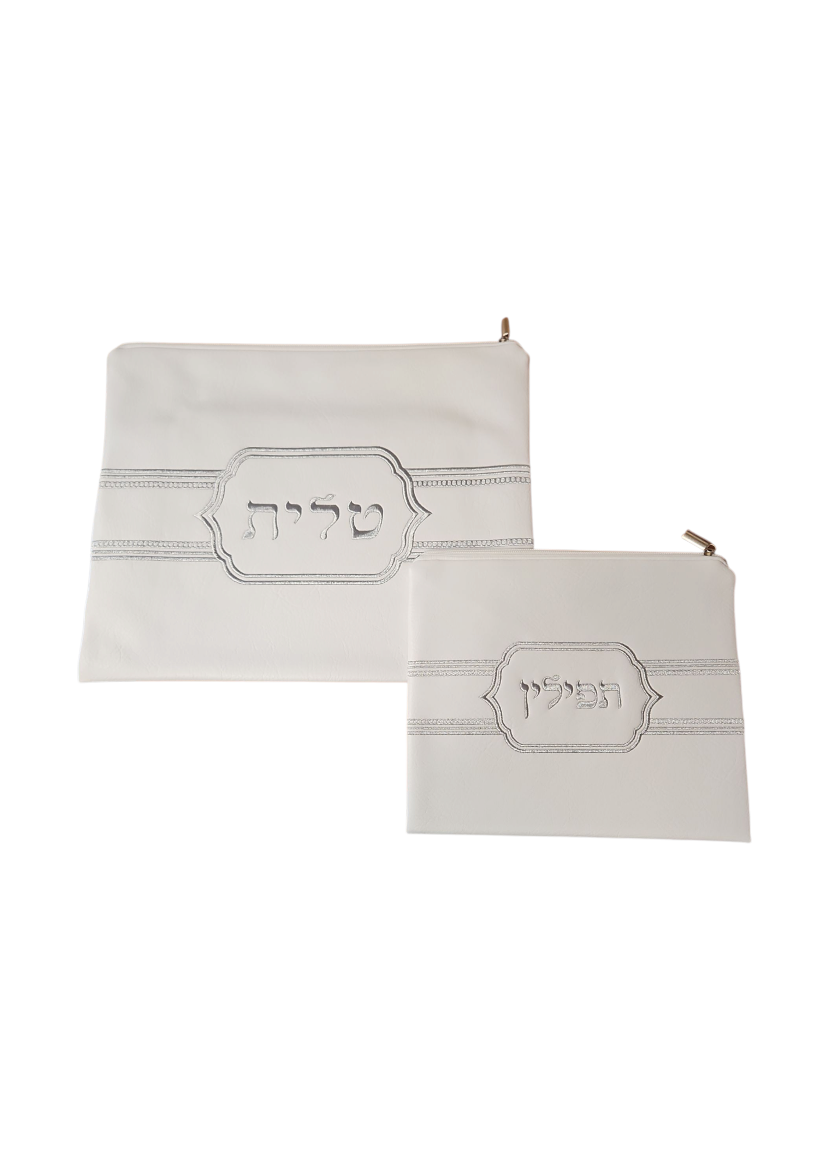 TALLIT & TEFILLIN BAG SET WHITE FAUX LEATHER SILVER EMBROIDEY