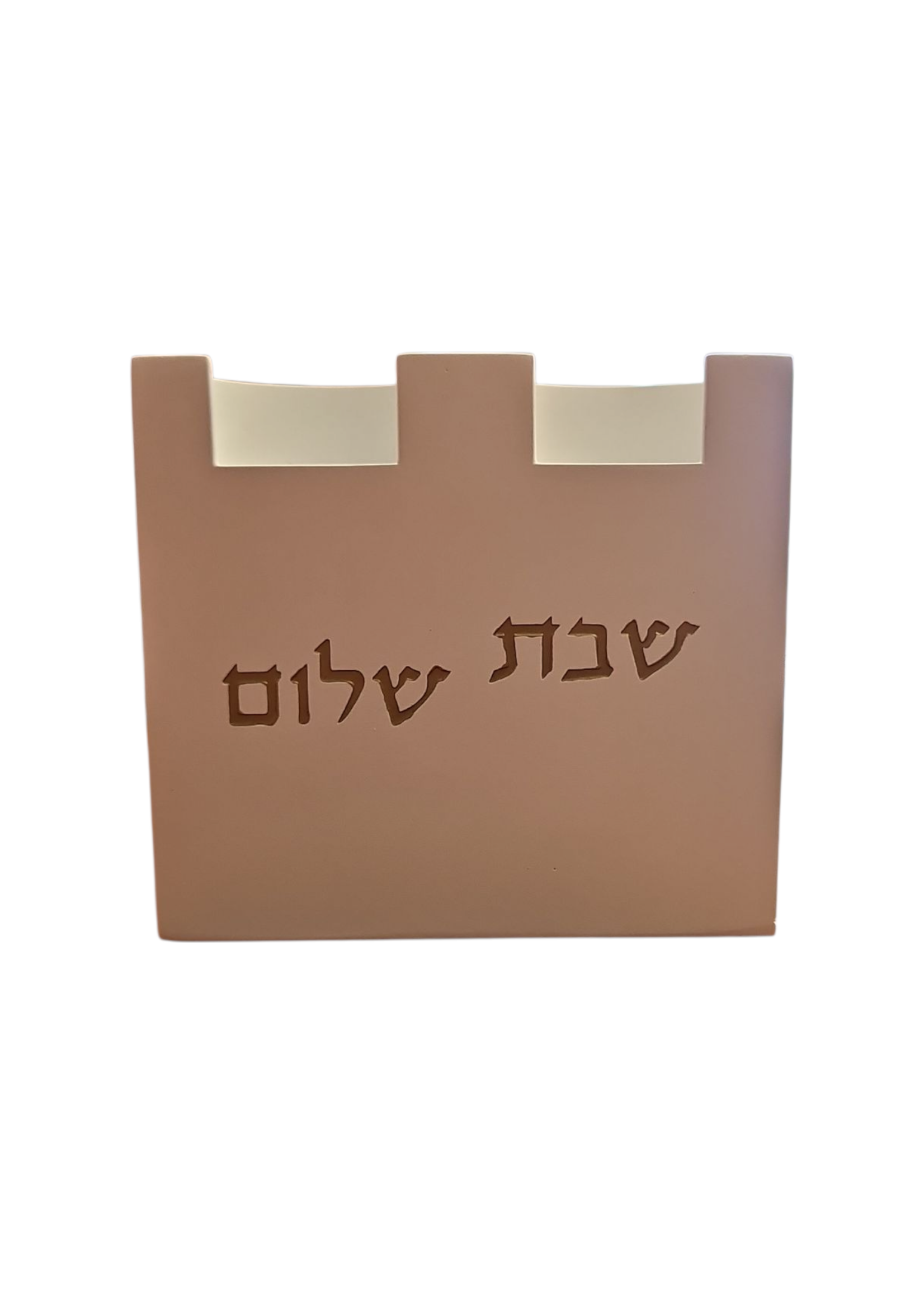 CANDLE HOLDER WHITE CEMENT GOLD "SHABBAT SHALOM"