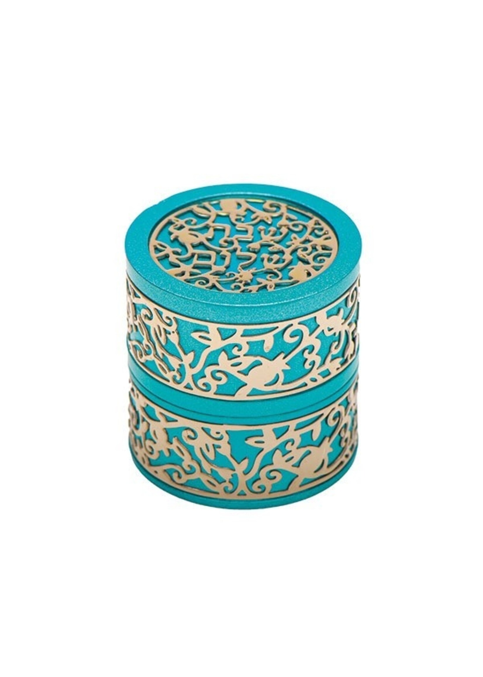 TRAVEL CANDLE HOLDER ALUMINUM LASER CUT LACE TORQUOISE