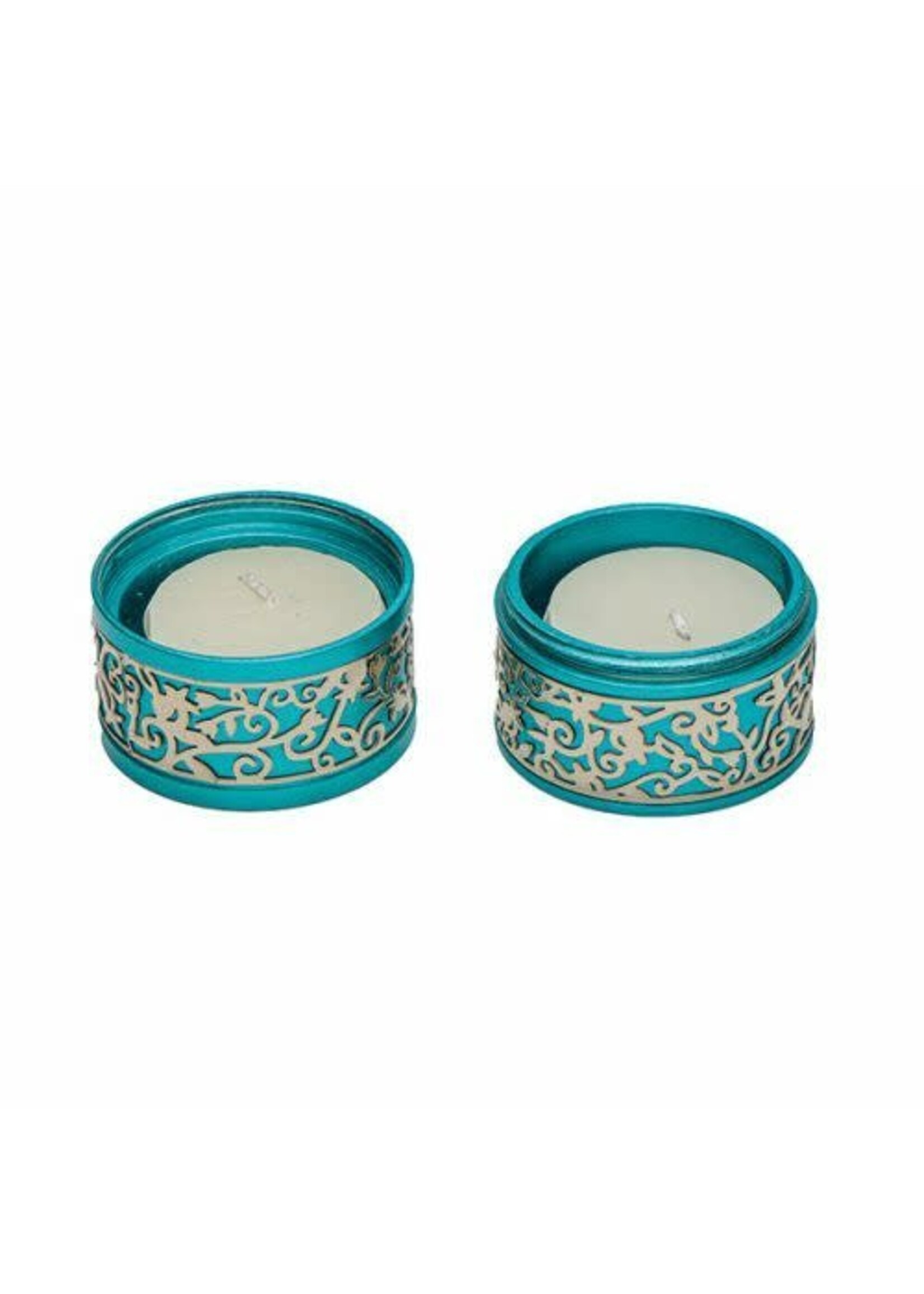 TRAVEL CANDLE HOLDER ALUMINUM LASER CUT LACE TORQUOISE