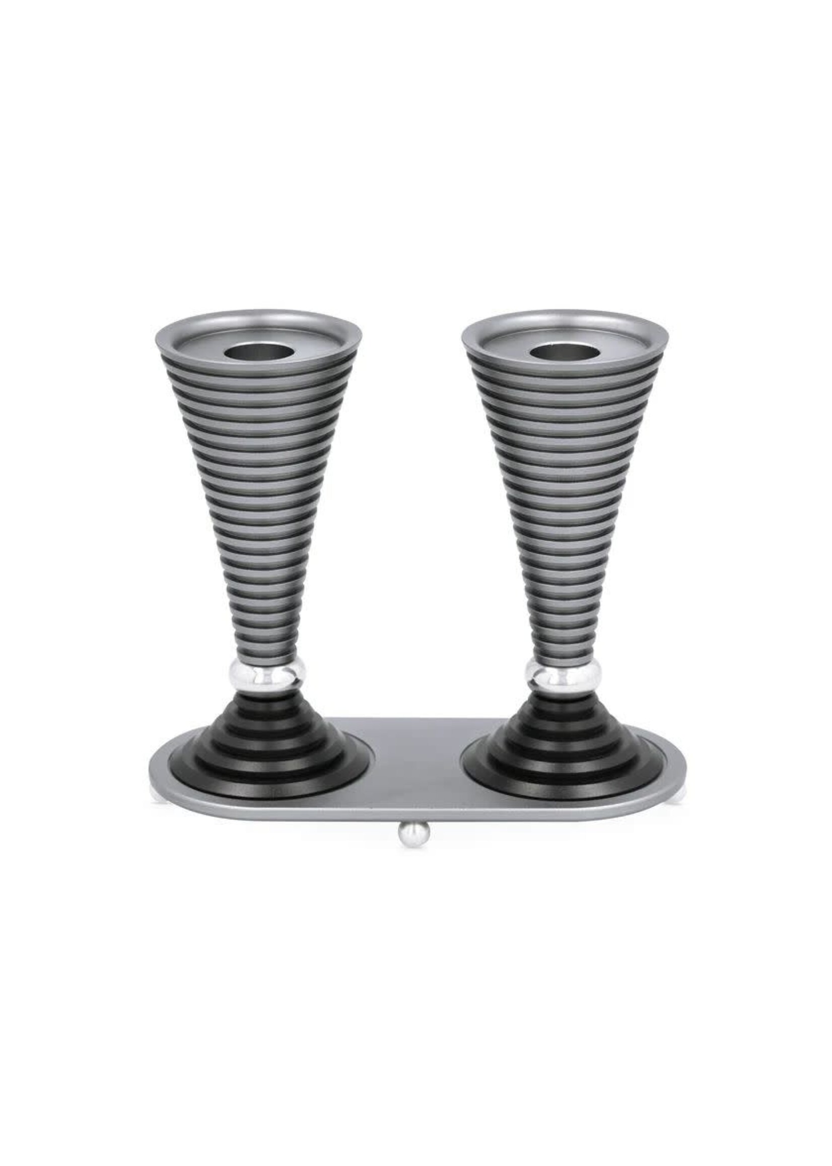 CANDLESTICKS GROOVED ROUND GREY WITH TRAY