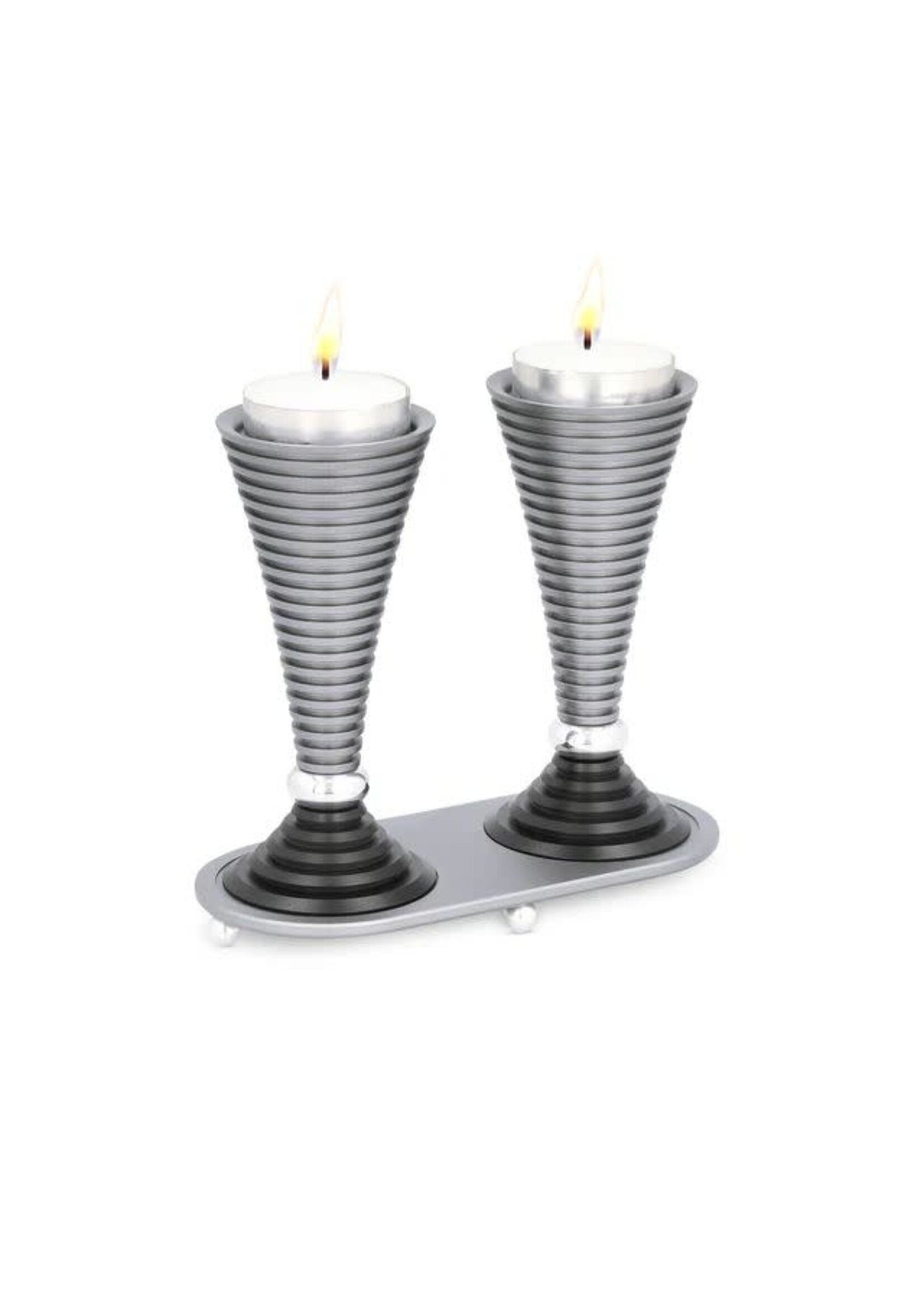 CANDLESTICKS GROOVED ROUND GREY WITH TRAY
