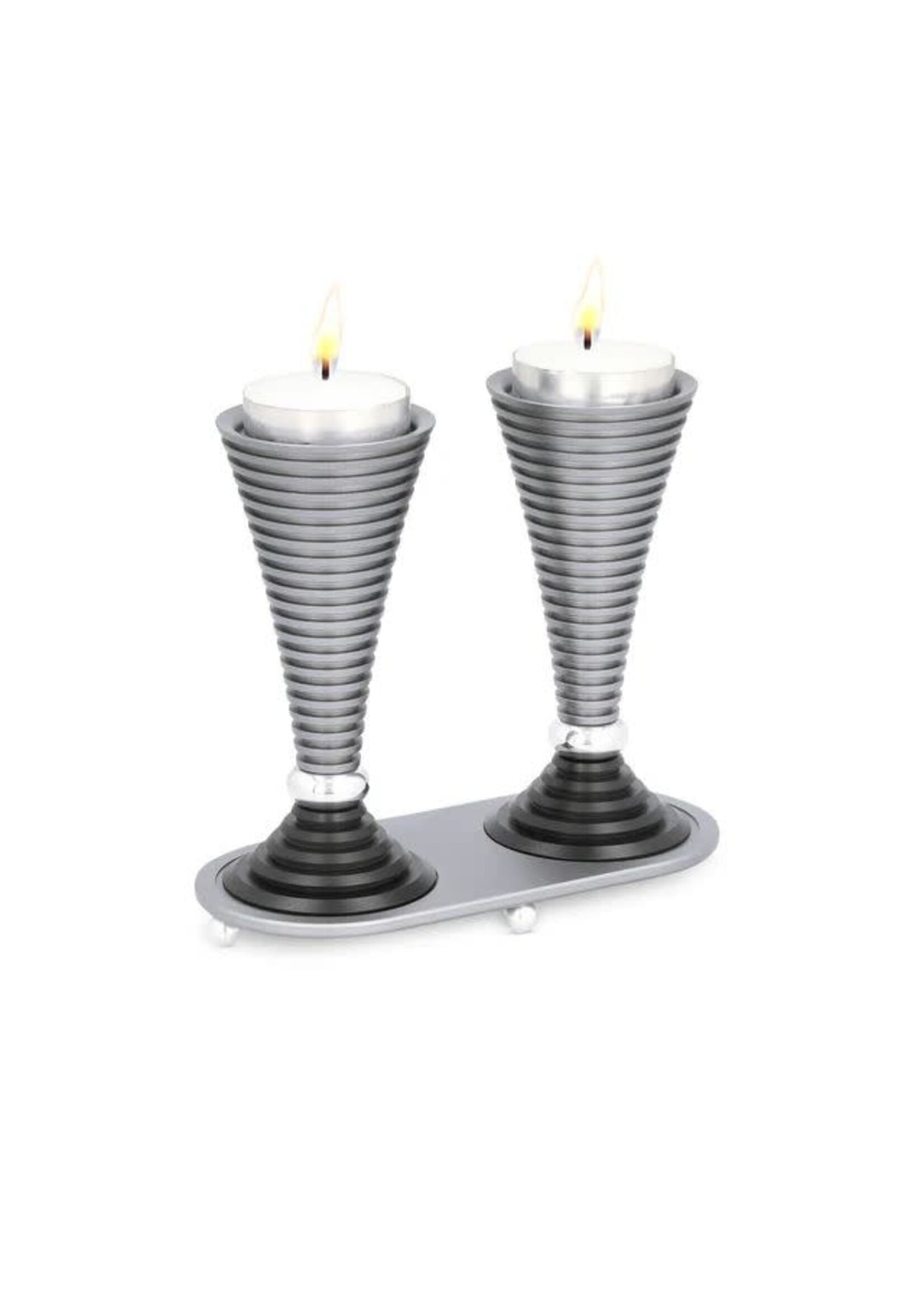 CANDLESTICKS WITH TRAY GREY ROUND GROOVED