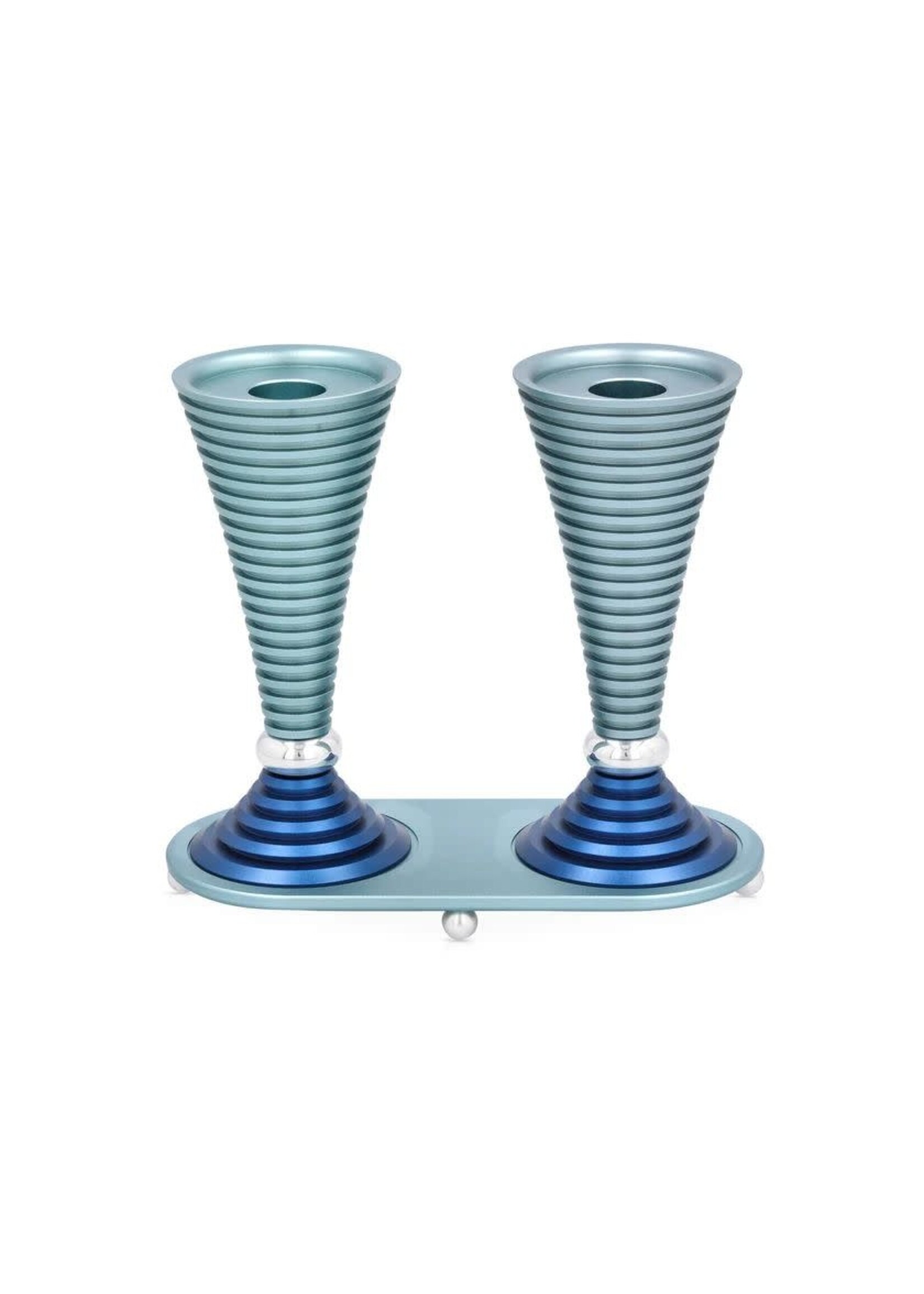 CANDLESTICKS GROOVED ROUND LIGHT BLUE WITH TRAY