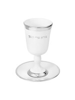 KIDDUSH CUP CERAMIC WITH STEM SILVER TRIMMING " BOREI PRI HAGEFEN"