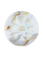 ROSH HASHANAH SIMANIM PLATE WHITE AND GOLD MARBLE GLASS