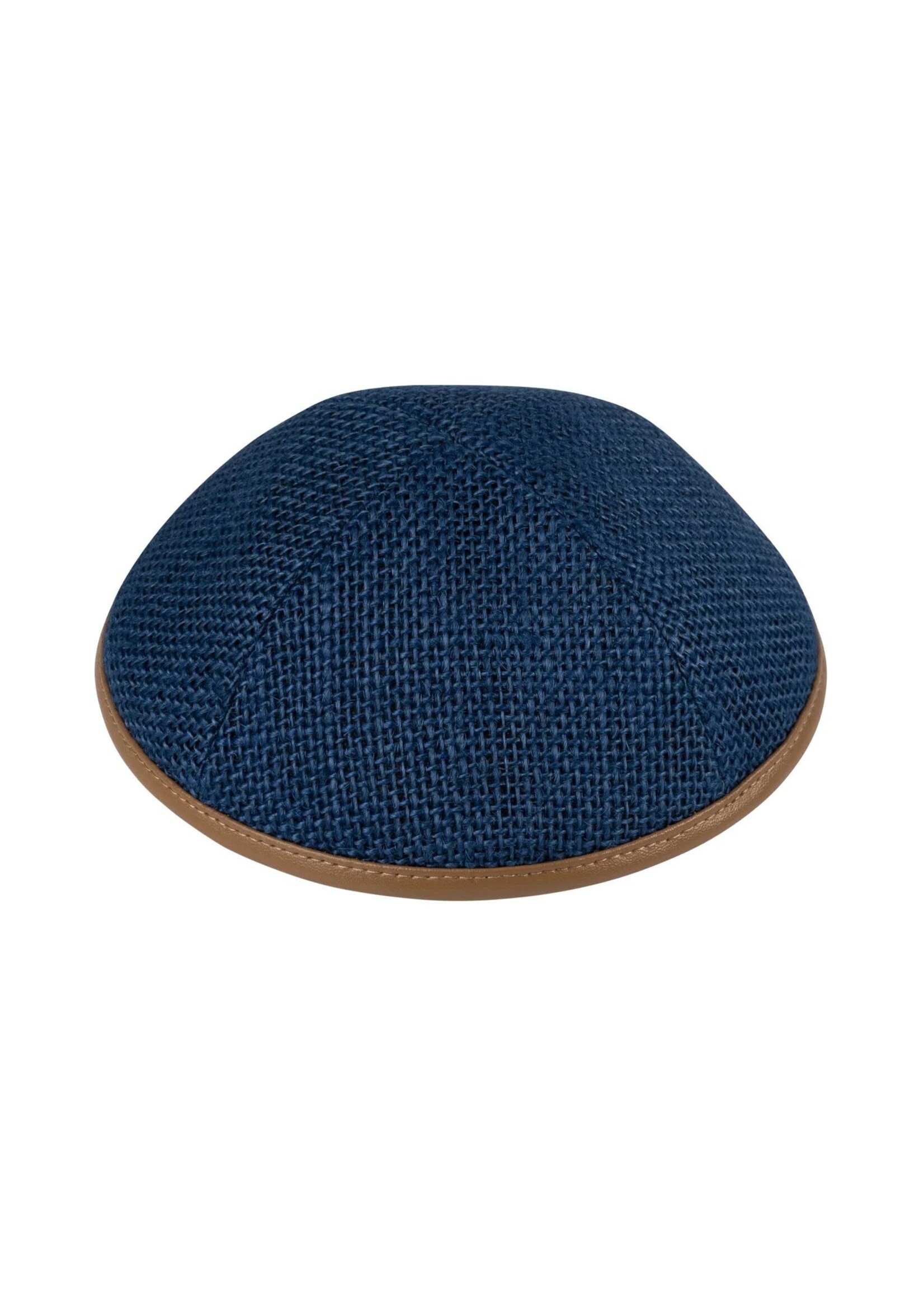 KIPPAH NAVY BURLAP CAMEL LEATHER RIM