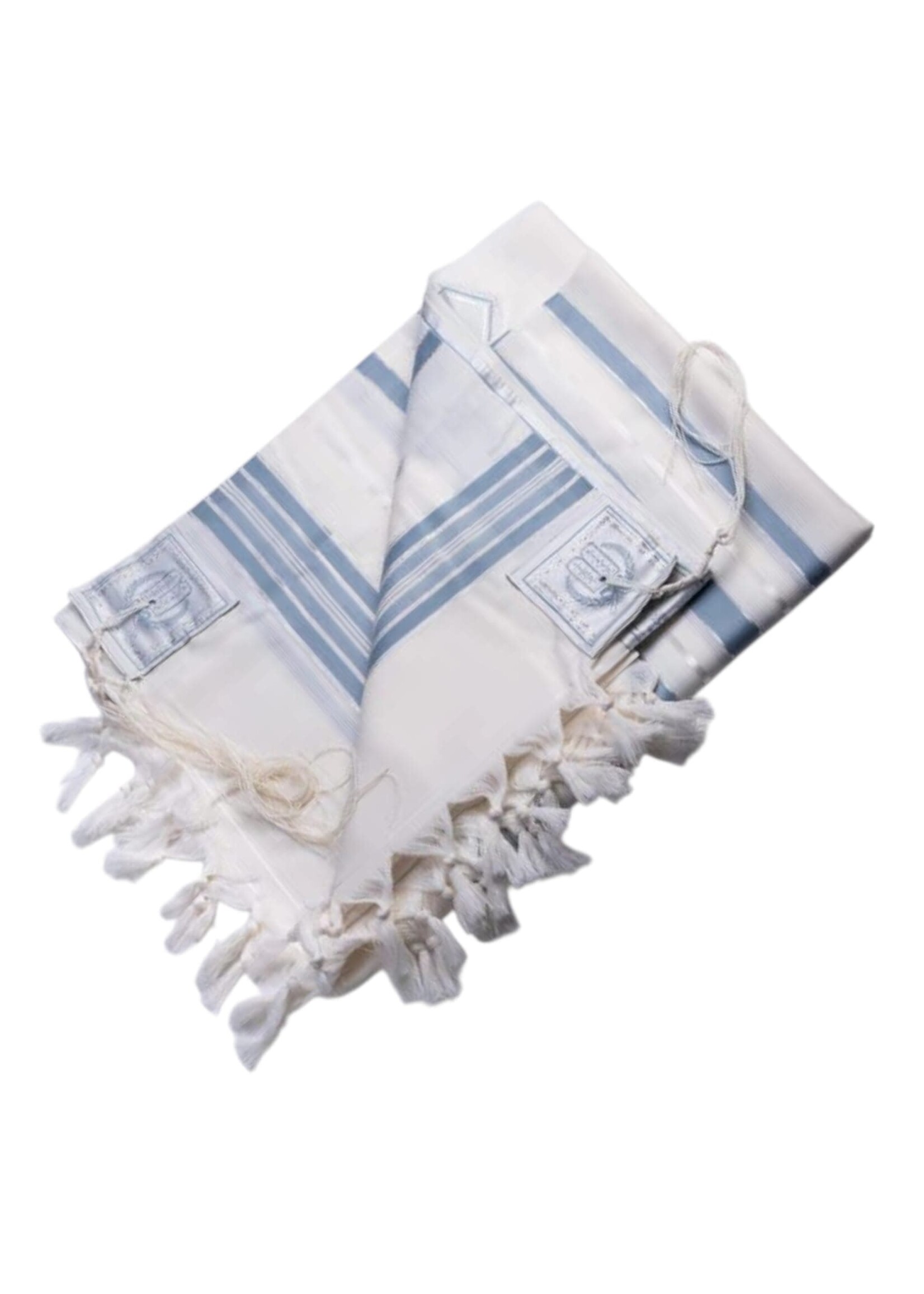 TALLIS WOOL SEPHARDI NON-SLIP BLUE & SILVER AVODAS YAD THICK STRINGS WITH BRACHA ATARA