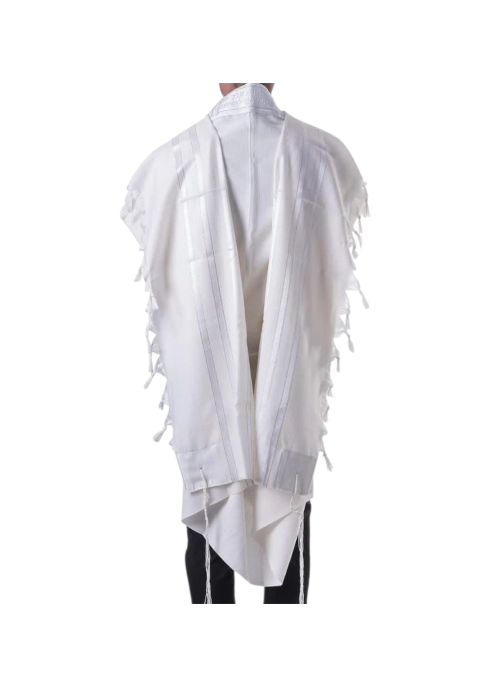 TALIS WOOL SEFARDI NON-SLIP WHITE & SILVER AVODAS YAD THICK STRINGS WITH  BRACHA ATARA