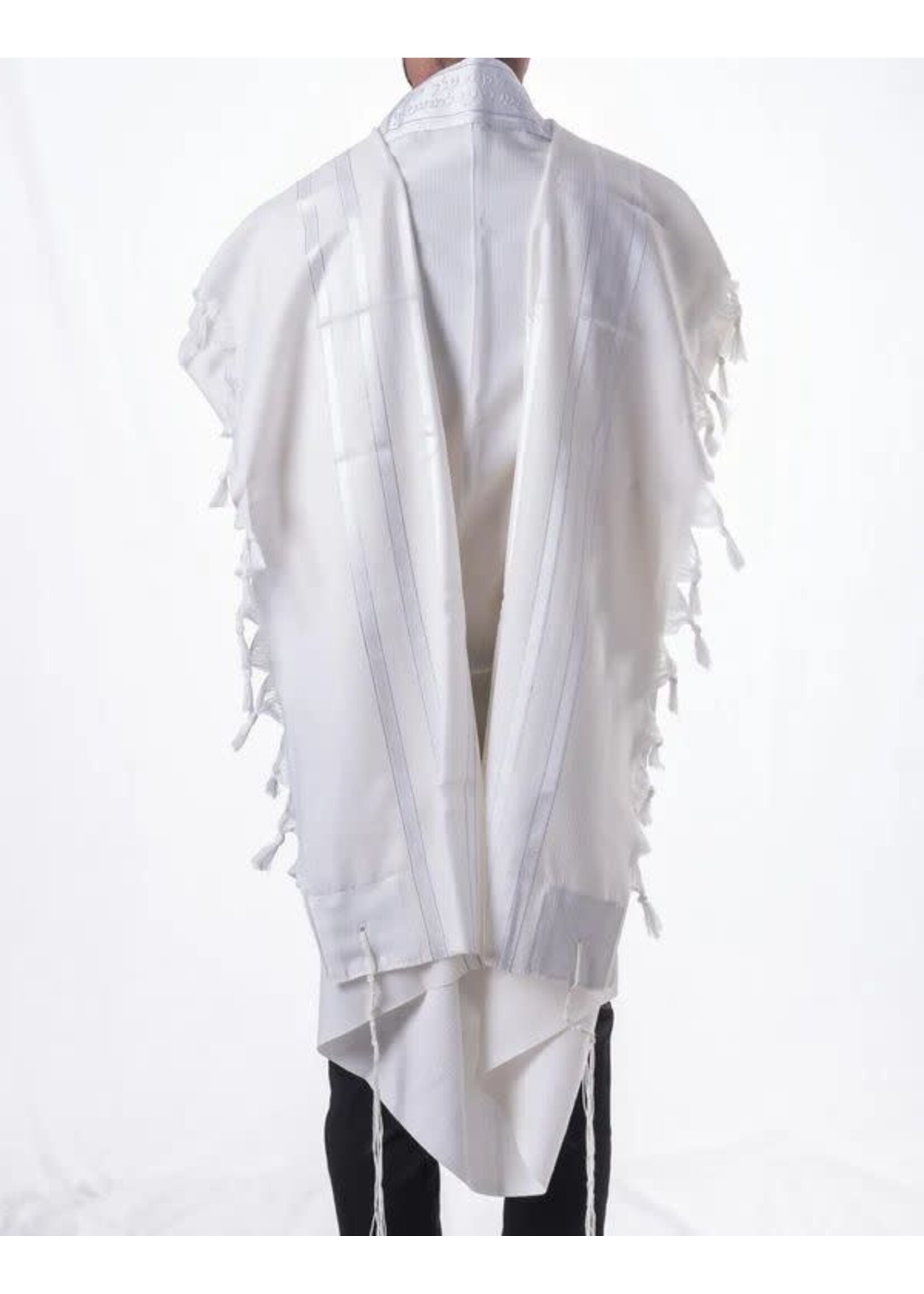 TALIS WOOL SEFARDI NON-SLIP WHITE & SILVER AVODAS YAD THICK STRINGS WITH  BRACHA ATARA