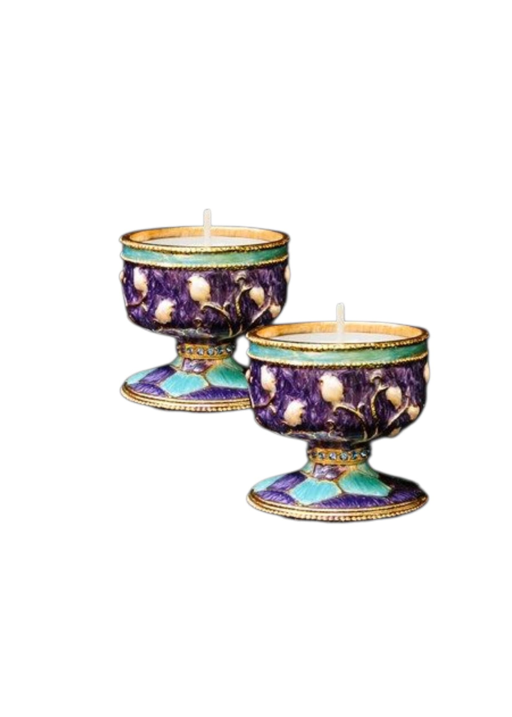 CANDLESTICKS PURPLE, TEAL & GOLD FLORAL ENAMEL