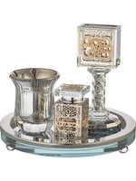 HAVDALAH SET CRYSTAL & LASER CUT METAL PLATES  4PC - ROUND TRAY