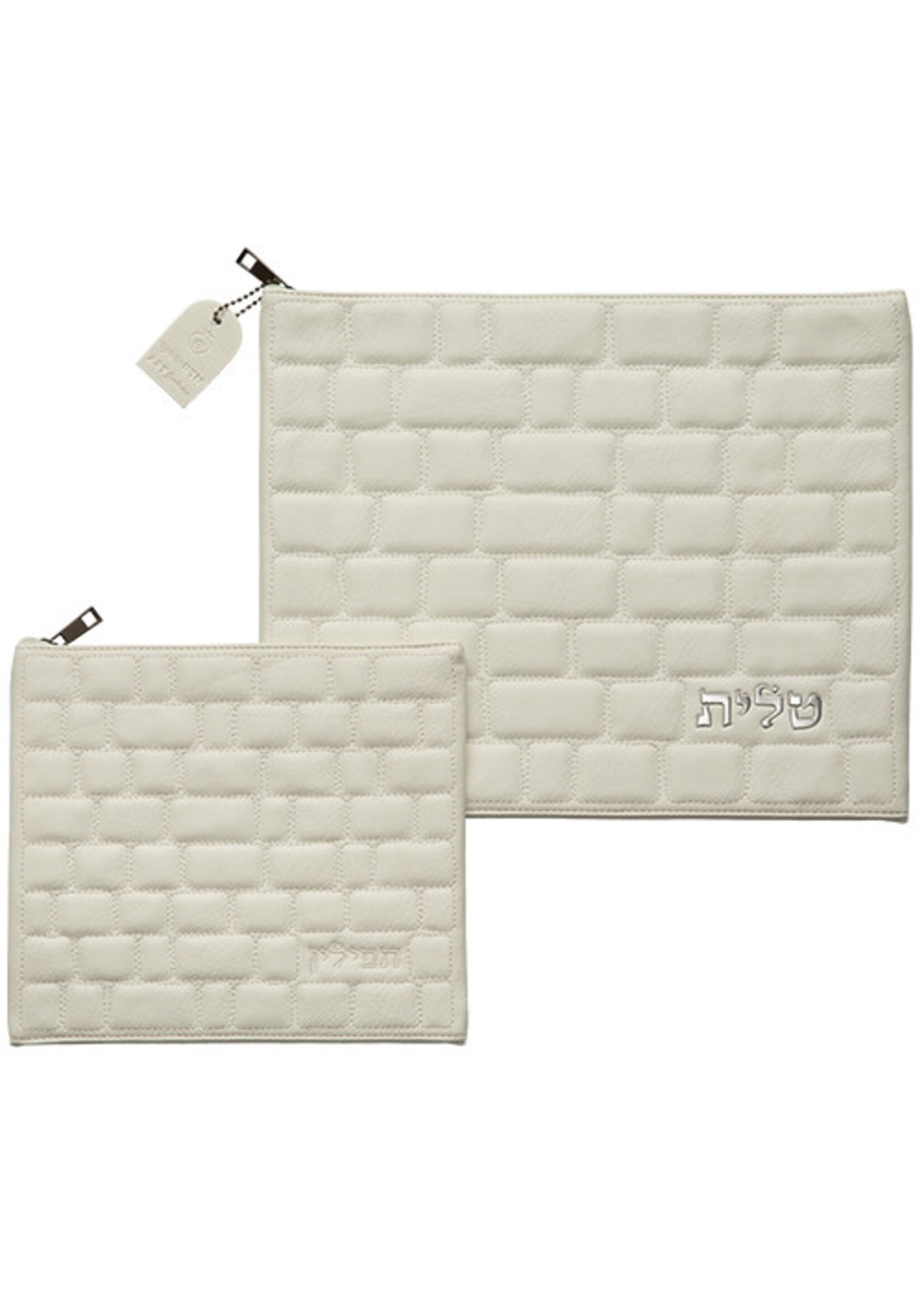 TALLIS & TEFILLIN SET  WHITE STONE WALL FAUX LEATHER SILVER EMBOSSING