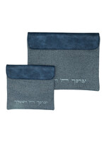 TALIT & TEFILLIN SET GREY LINEN WITH BLUE FAUX LEATHER COHEN BLESSING