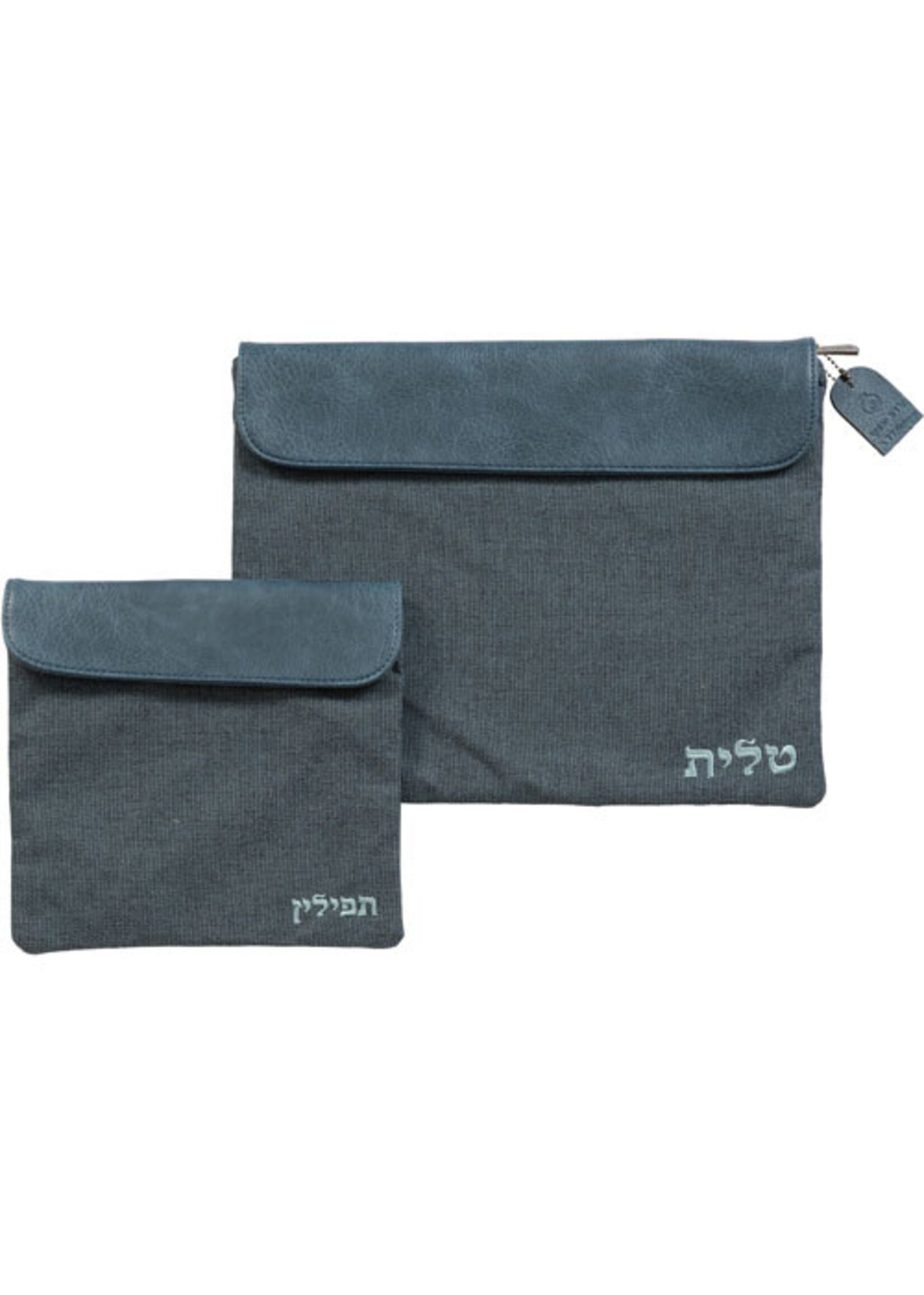 TALIT & TEFILLIN SET GREY LINEN WITH FAUX LEATHER