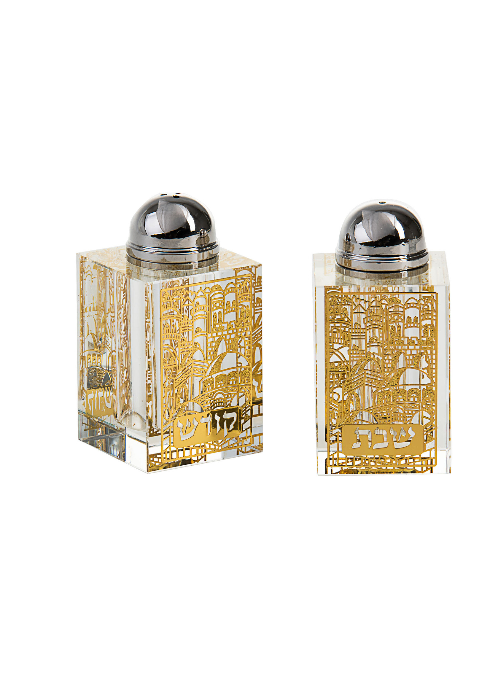 SALT AND PEPPER  CRYSTAL SHAKERS LASER CUT GOLD JERUSALEM