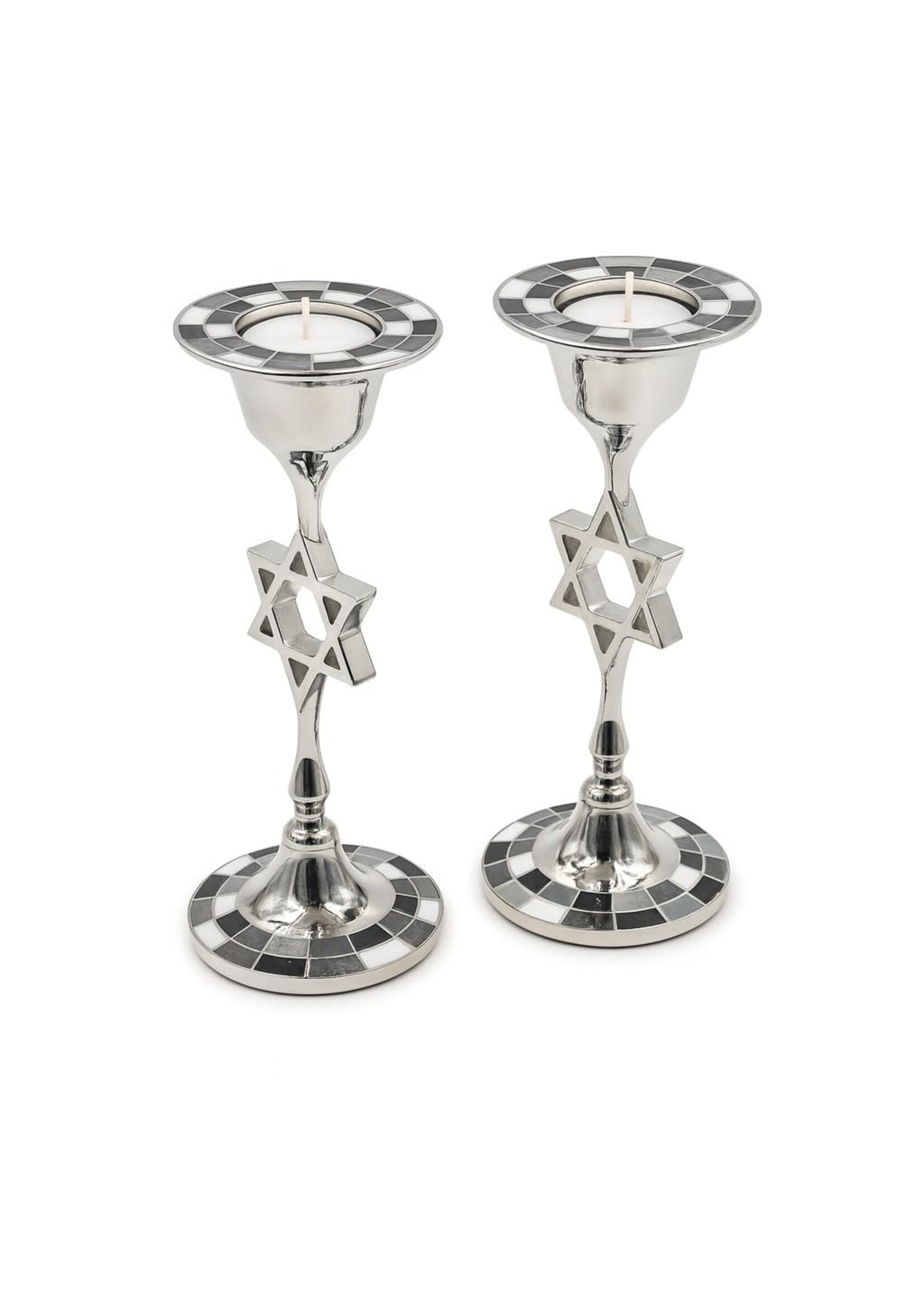 CANDLESTICKS MAGEN DAVID WITH BLACK & GREY STONES MOSAIC