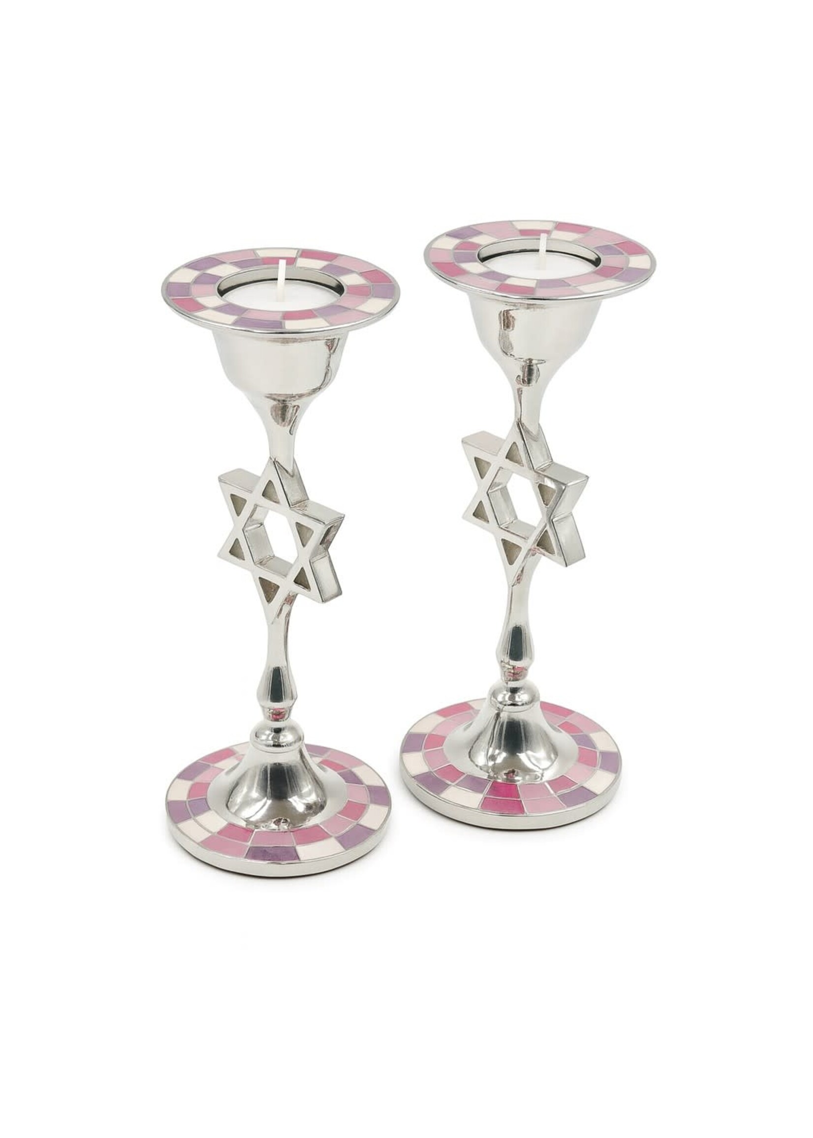 CANDLESTICKS MAGEN DAVID WITH PINK  STONES MOSAIC