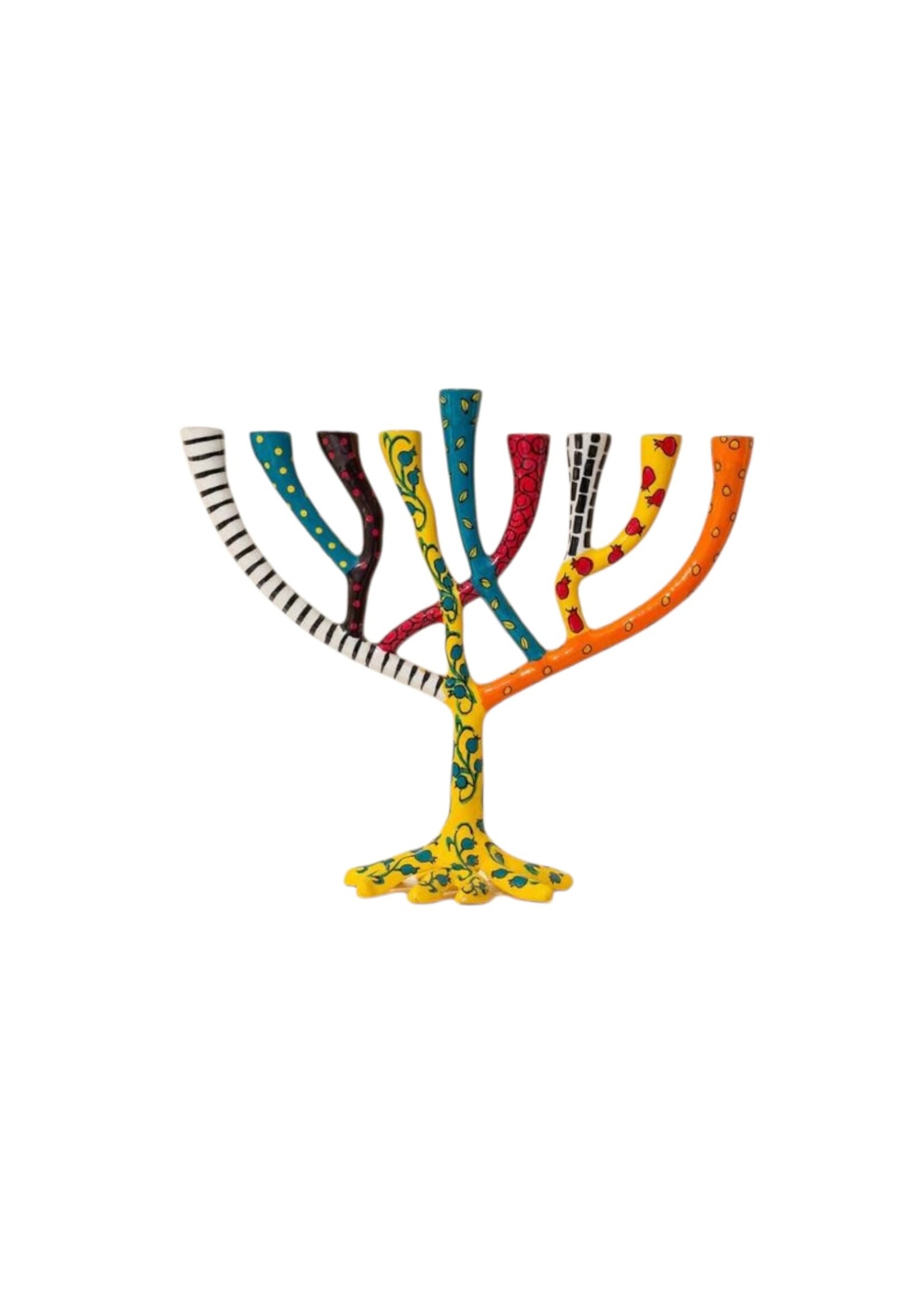 MENORAH METAL  TREE OF LIFE YELLOW PAINTED PATTERNS 11"