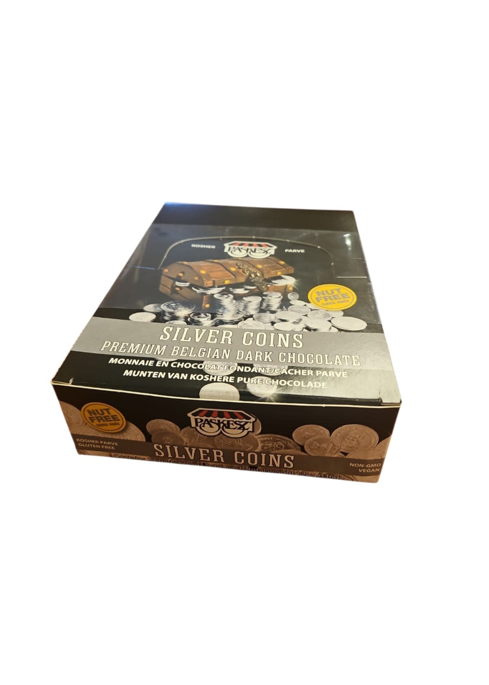 BELGIAN CHOCOLATE SILVER COINS PARVE BOX OF 24 BAGS