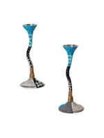 CANDLESTICKS BLUE PAINTED PATTERNS ON METAL 12"