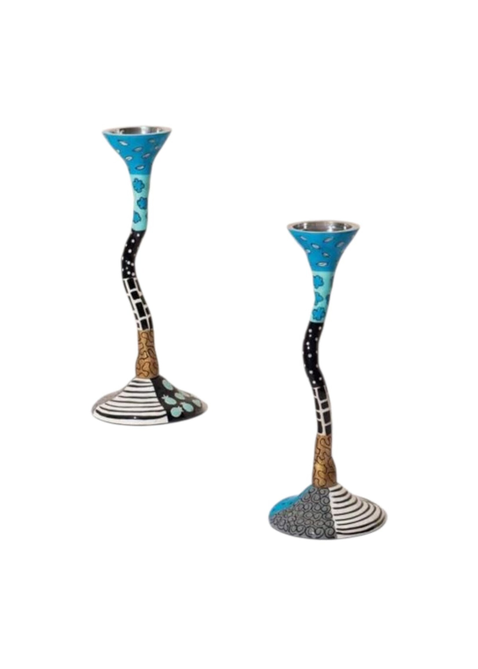 CANDLESTICKS BLUE PAINTED PATTERNS ON METAL 12"