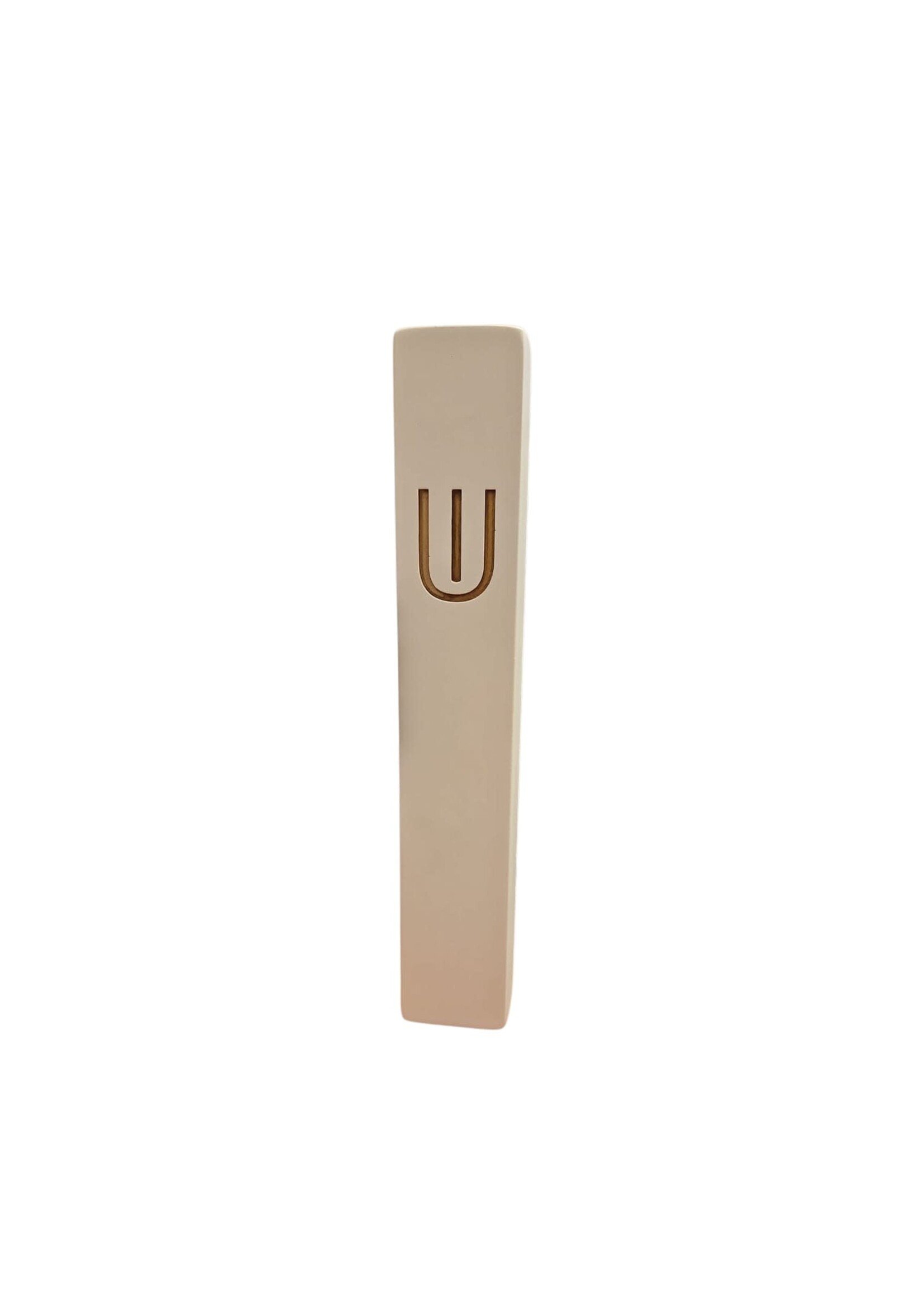 MEZUZAH WHITE CEMENT GOLD CURVED SHIN 15CM